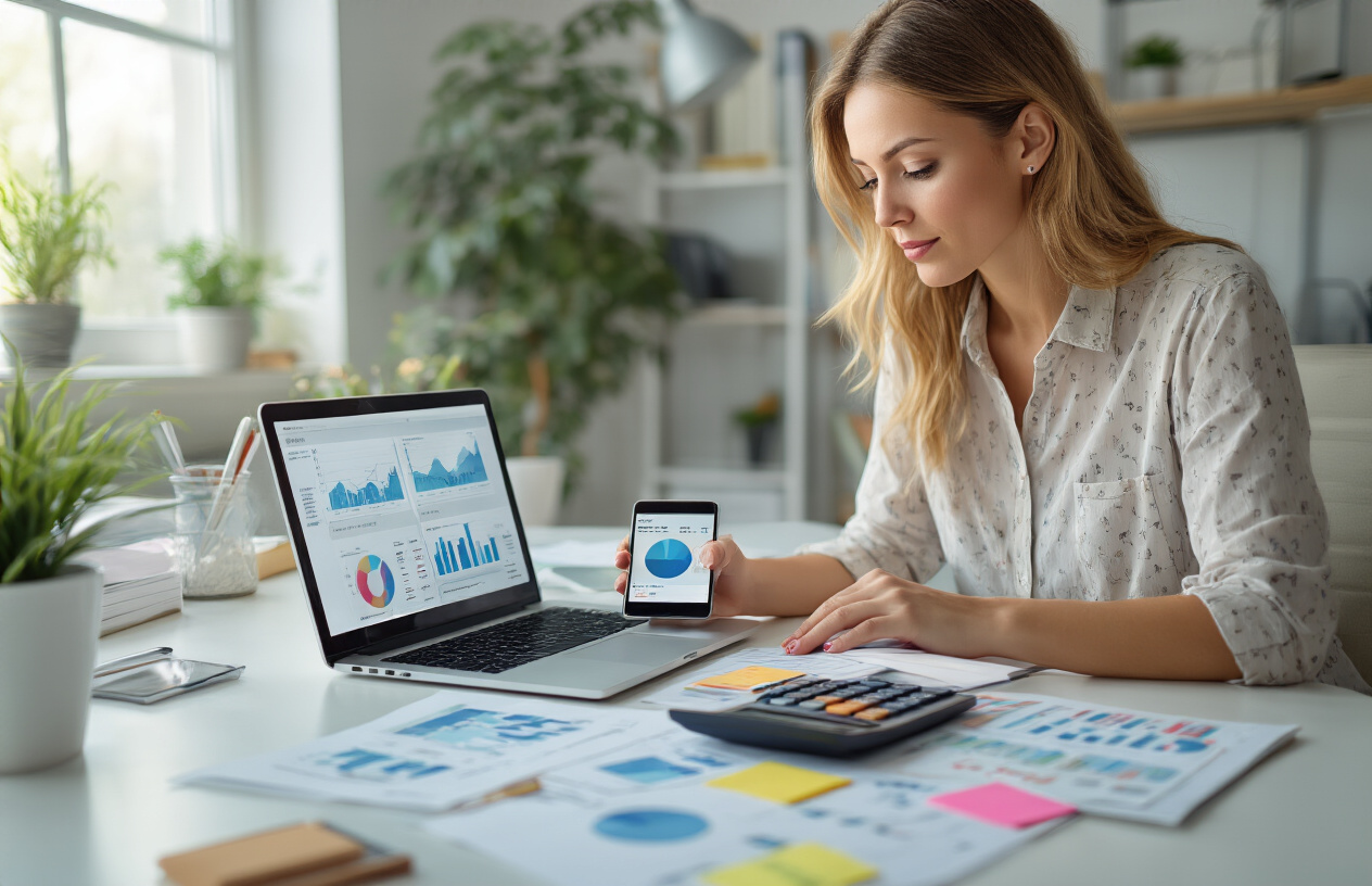 Create a realistic image of a small business owner, a white female in her 30s, sitting at a clean modern desk with a laptop open, calculator, and smartphone displaying social media analytics graphs and charts on the screen, surrounded by organized budget planning documents and colorful sticky notes, with a bright office background featuring natural lighting from a window, creating a focused and productive atmosphere while she analyzes social media ROI data, absolutely NO text should be in the scene.