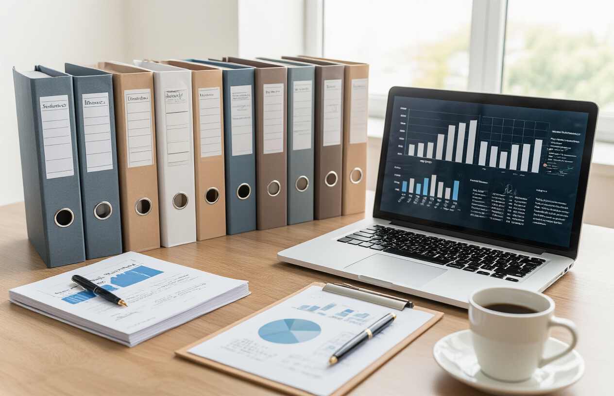Create a realistic image of a modern office desk with seven organized document folders or binders arranged in a sequential manner, each representing a step in business planning, alongside a laptop computer displaying charts and graphs, a notepad with a pen, some business planning books, and a cup of coffee, set against a clean contemporary office background with soft natural lighting from a window, creating a professional and organized atmosphere that conveys systematic business planning methodology, absolutely NO text should be in the scene.