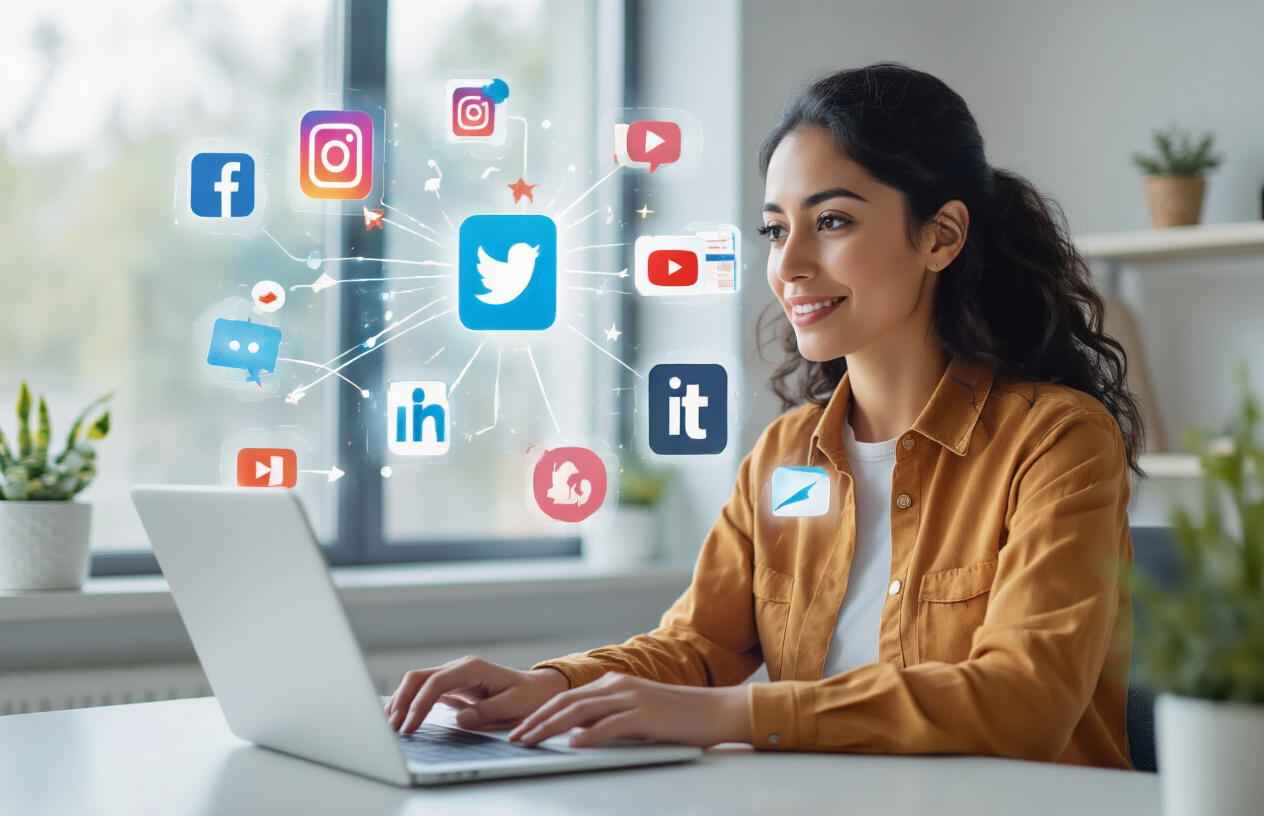 Create a realistic image of a small business owner, a Hispanic female in her 30s, sitting at a modern desk with a laptop open, surrounded by floating holographic-style icons of different social media platforms (Facebook, Instagram, Twitter, LinkedIn, TikTok, YouTube) with connecting lines and arrows pointing toward diverse demographic representations, set in a bright, clean office environment with natural lighting from a window, conveying a strategic decision-making atmosphere, absolutely NO text should be in the scene.