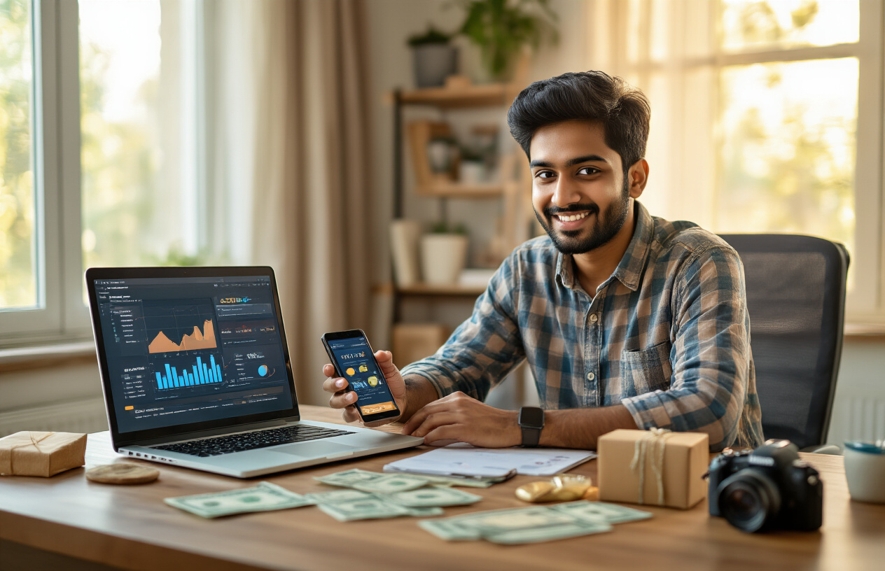 Create a realistic image of a young Indian male entrepreneur sitting at a modern home office desk with a laptop open, surrounded by visual symbols of online business success including a smartphone displaying charts, Indian rupee notes scattered nearby, small product packages, a digital camera, and craft supplies, with warm natural lighting streaming through a window creating an optimistic and inspiring atmosphere that conveys achievement and entrepreneurial success, absolutely NO text should be in the scene.