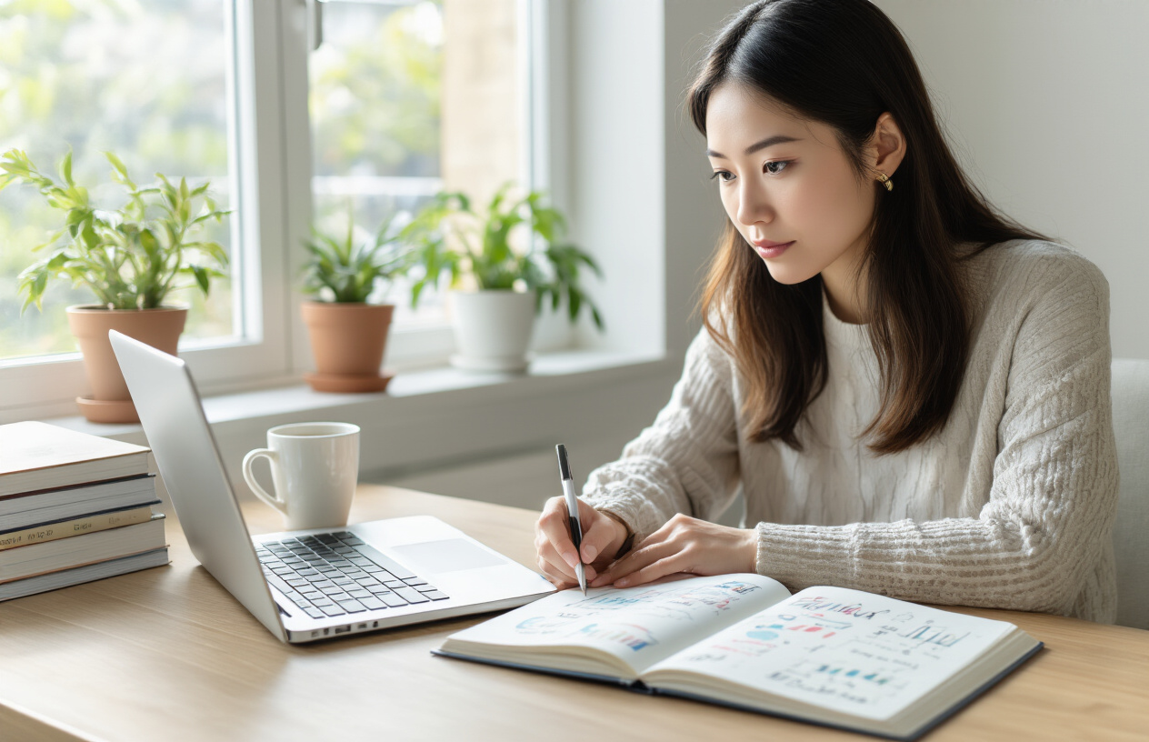 Create a realistic image of a focused Asian female freelancer sitting at a clean, organized desk in a bright home office, looking thoughtfully at a laptop screen while holding a pen over an open notebook filled with business planning notes, with a coffee cup nearby, natural daylight streaming through a window, potted plants on the windowsill, and motivational business books stacked on the desk, conveying a sense of determination and self-reflection in a calm, inspiring workspace atmosphere, absolutely NO text should be in the scene.