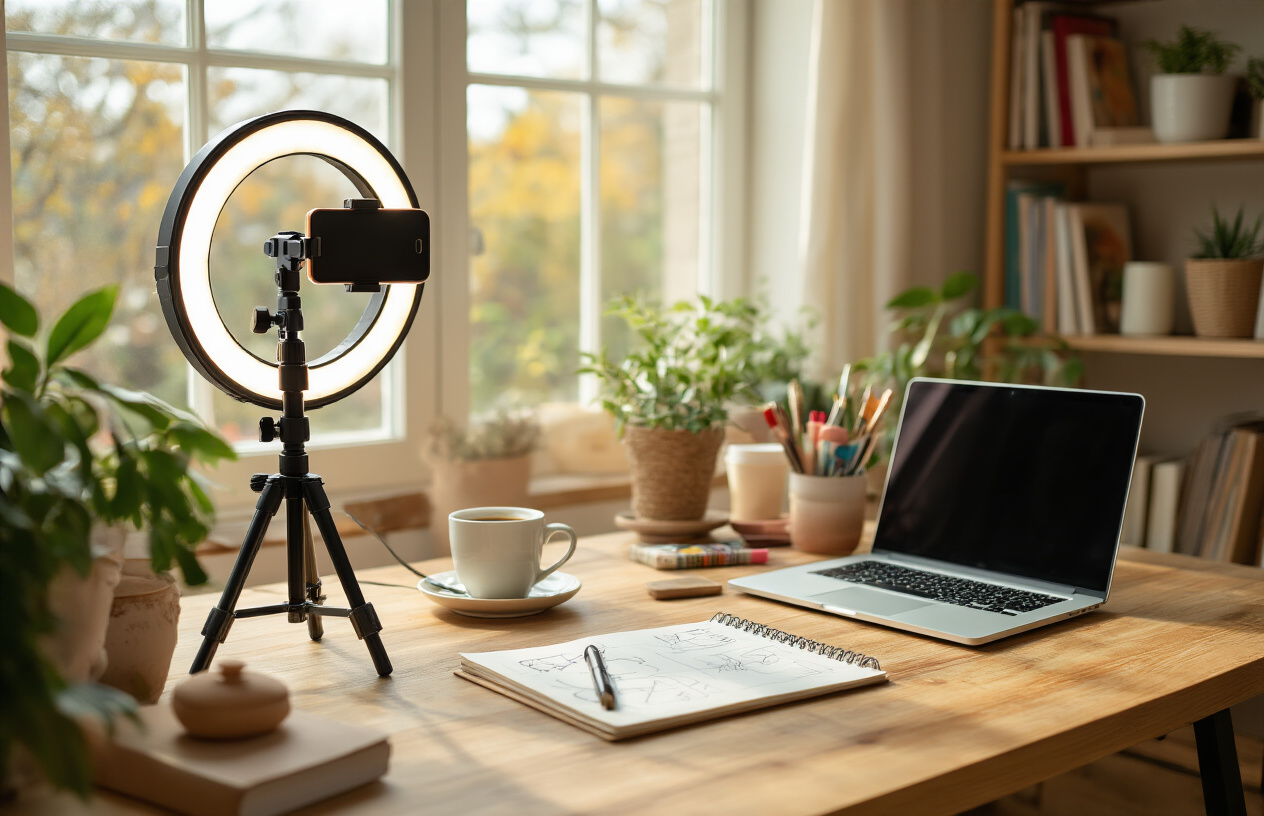 Create a realistic image of a small business owner's workspace showing budget-friendly content creation setup with a smartphone on a tripod, affordable ring light, laptop computer, notepad with sketches, coffee cup, potted plant, and craft supplies scattered on a wooden desk, warm natural lighting from a window, cozy home office atmosphere with bookshelf in background, absolutely NO text should be in the scene.