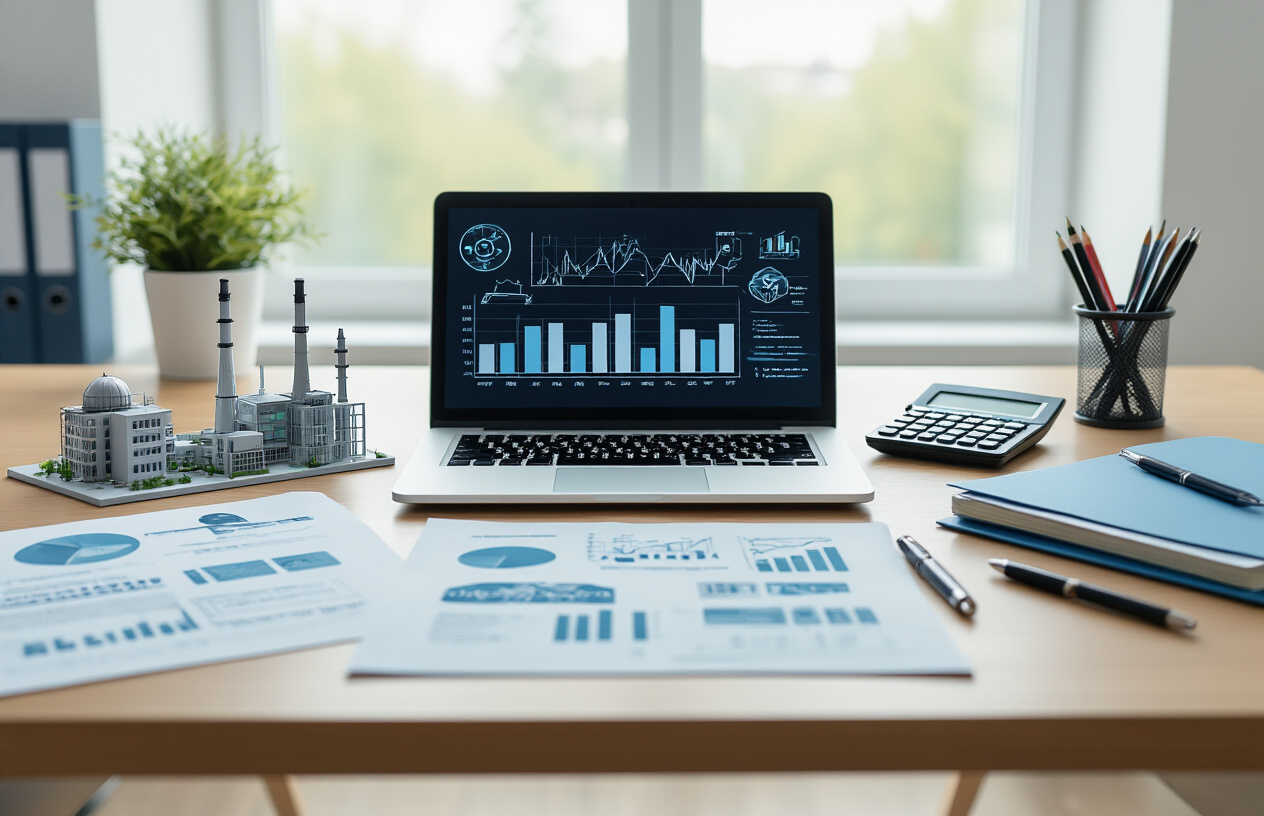 Create a realistic image of a modern office desk with multiple industry sector documents and visual representations spread across it, including miniature models or icons representing technology, manufacturing, healthcare, retail, and agriculture sectors, with a laptop computer displaying business charts, surrounded by professional planning materials like calculators, pens, and folders, set against a clean contemporary office background with soft natural lighting from a window, conveying a focused business planning atmosphere. Absolutely NO text should be in the scene.