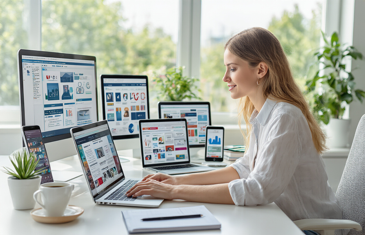 Create a realistic image of a young white female entrepreneur sitting at a modern desk with a laptop open, surrounded by multiple smartphone and tablet devices displaying various social media platform interfaces, with free digital marketing tools and analytics dashboards visible on screens, organized workspace with notebooks and coffee cup, bright natural lighting from a window, clean minimalist office background with plants, focused and productive atmosphere, Absolutely NO text should be in the scene.