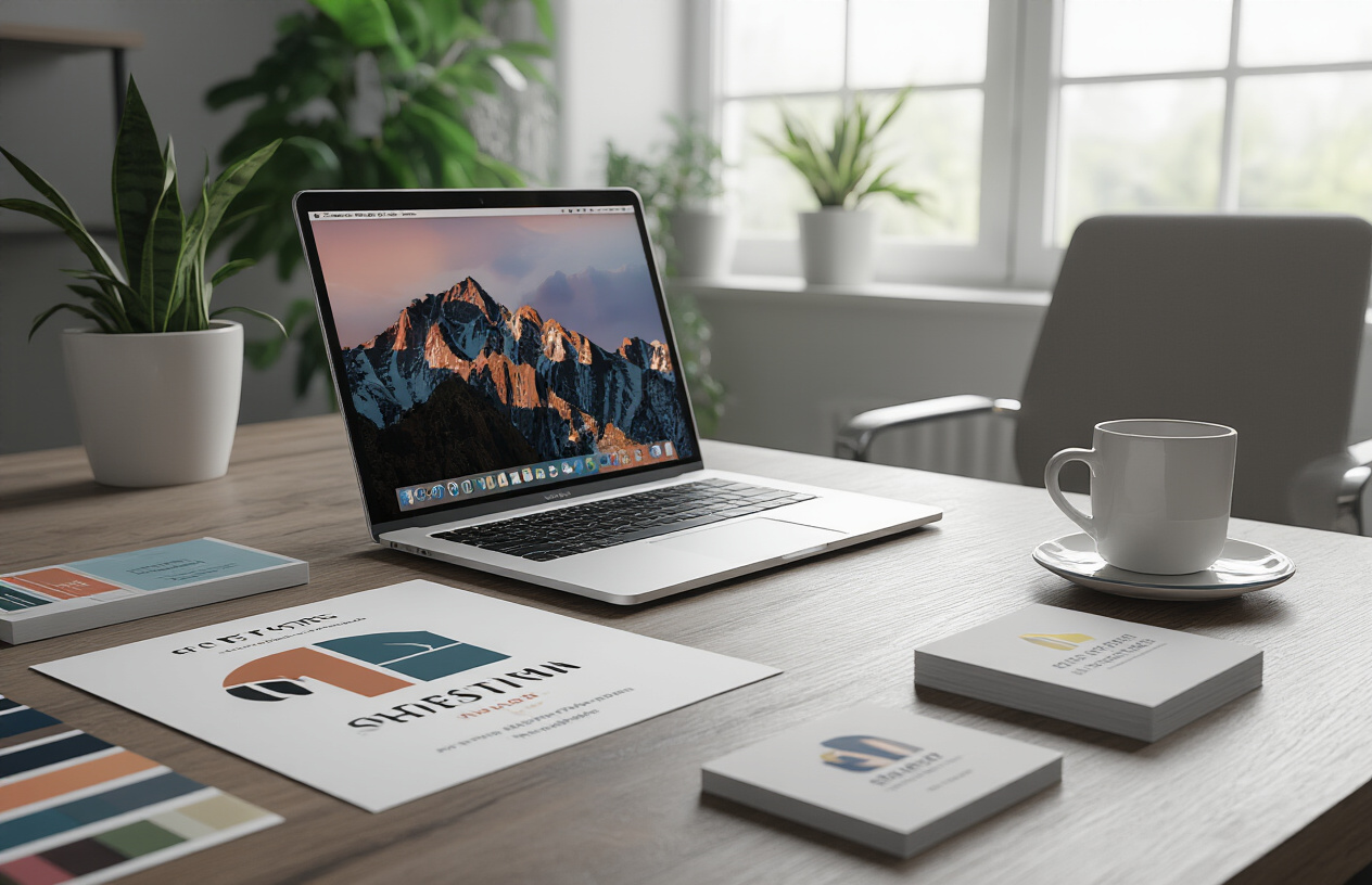 Create a realistic image of a clean, modern workspace featuring a sleek desk with an open laptop displaying a professional website or portfolio, alongside brand identity materials including business cards, a minimalist logo design on paper, color swatches, and a brand style guide spread across the surface, with a contemporary office chair, good natural lighting from a nearby window, and subtle office plants in the background creating a professional yet creative atmosphere. Absolutely NO text should be in the scene.