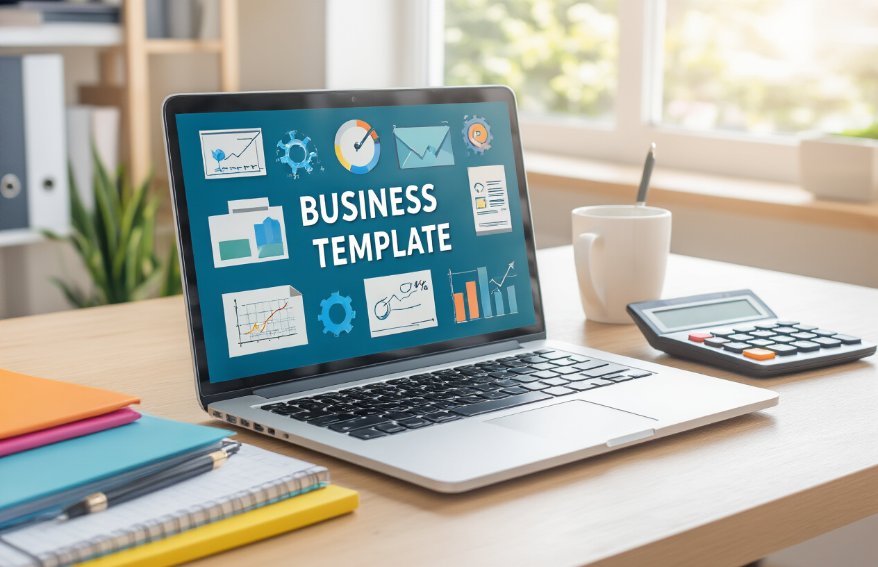 Create a realistic image of a modern laptop computer open on a clean wooden desk displaying various business plan template icons and digital tools on the screen, with colorful folders, a notebook, pen, and calculator neatly arranged around the laptop, set against a bright office environment with natural lighting from a window, conveying productivity and organization for business planning, absolutely NO text should be in the scene.