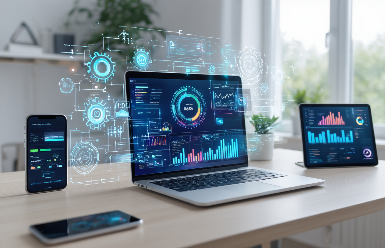 Create a realistic image of a modern home office workspace featuring a sleek laptop computer displaying colorful AI dashboard interfaces and automation workflows on the screen, surrounded by multiple floating holographic digital elements like gears, circuit patterns, and data visualization charts, with a smartphone and tablet nearby showing productivity apps, set against a clean minimalist desk with good natural lighting from a window, creating a high-tech atmosphere that conveys efficiency and digital innovation, absolutely NO text should be in the scene.