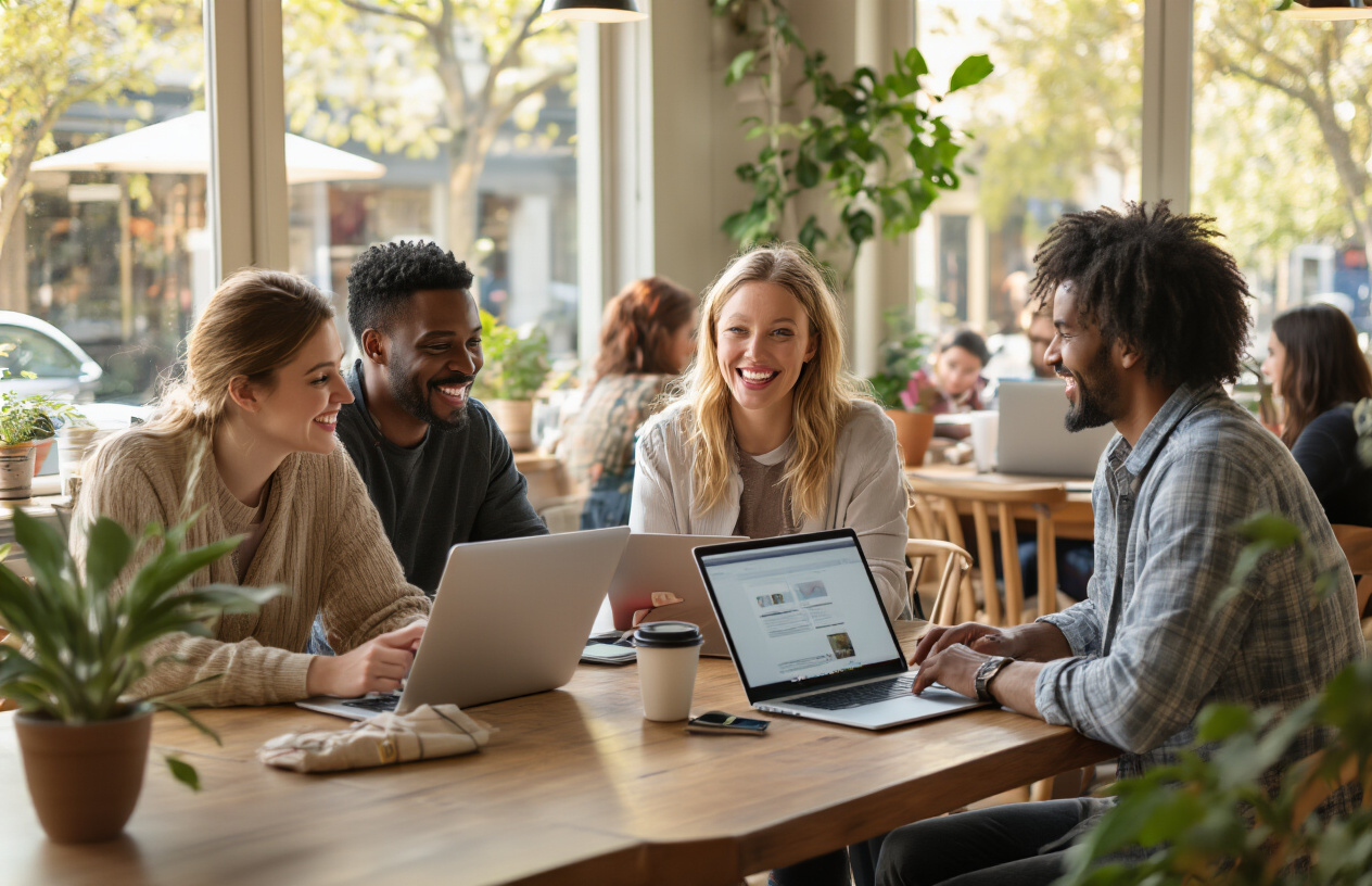 Create a realistic image of a diverse group of people sitting around a modern coffee shop table with laptops and smartphones, showing a white female small business owner in casual attire engaging in animated conversation with a black male and an Asian female, all appearing friendly and collaborative, with other customers in the background also using devices and socializing, warm natural lighting streaming through large windows, cozy wooden furniture and plants creating an inviting community atmosphere, people genuinely smiling and connecting, laptops displaying social media interfaces without visible text, absolutely NO text should be in the scene.