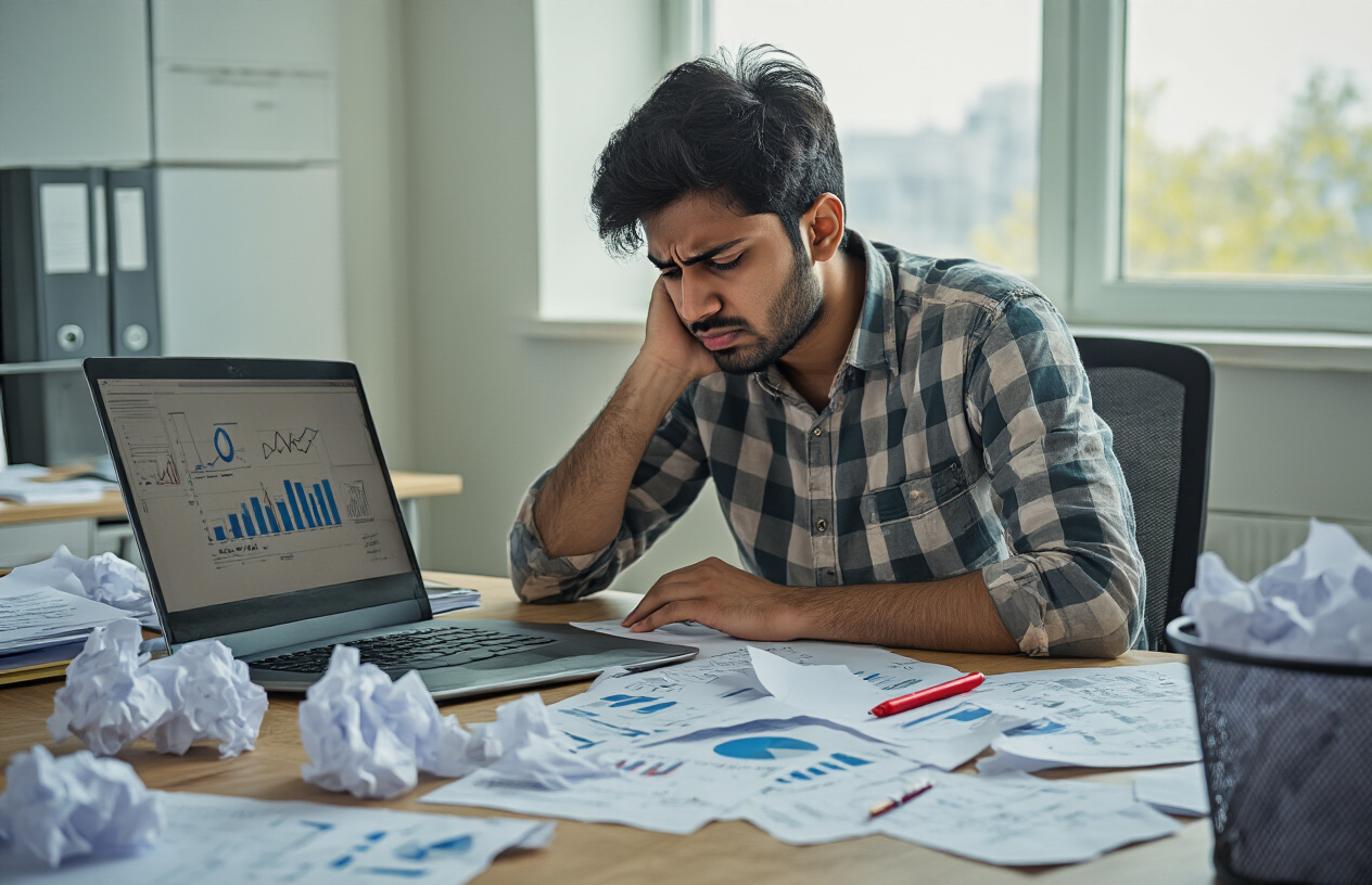 Create a realistic image of a frustrated young Indian male entrepreneur sitting at a cluttered desk with crumpled papers scattered around, a laptop displaying charts and graphs, torn document pages, a red pen marking corrections, and a wastebasket full of discarded papers, set in a modern office environment with natural lighting from a window, conveying the mood of learning from mistakes while working on business planning, absolutely NO text should be in the scene.