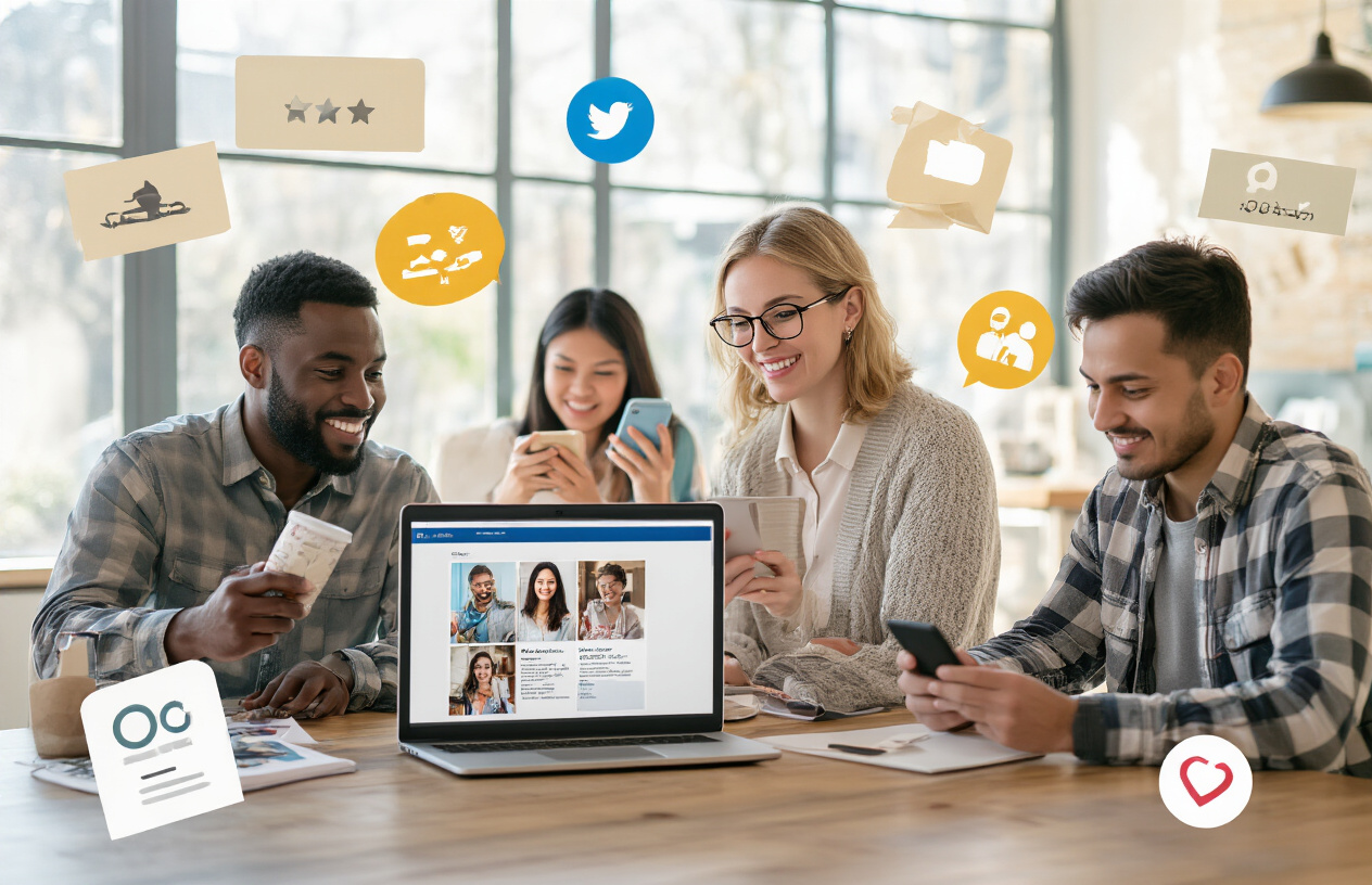 Create a realistic image of a diverse group of small business customers sharing their experiences, featuring a white female entrepreneur in the center looking at a laptop screen displaying customer photos and reviews, surrounded by a black male customer holding a product while smiling, an Asian female customer taking a selfie with a purchased item, and a Hispanic male customer writing a review on his smartphone, set in a modern small business office with natural lighting from large windows, warm and collaborative atmosphere, with social media icons floating subtly in the background, absolutely NO text should be in the scene.