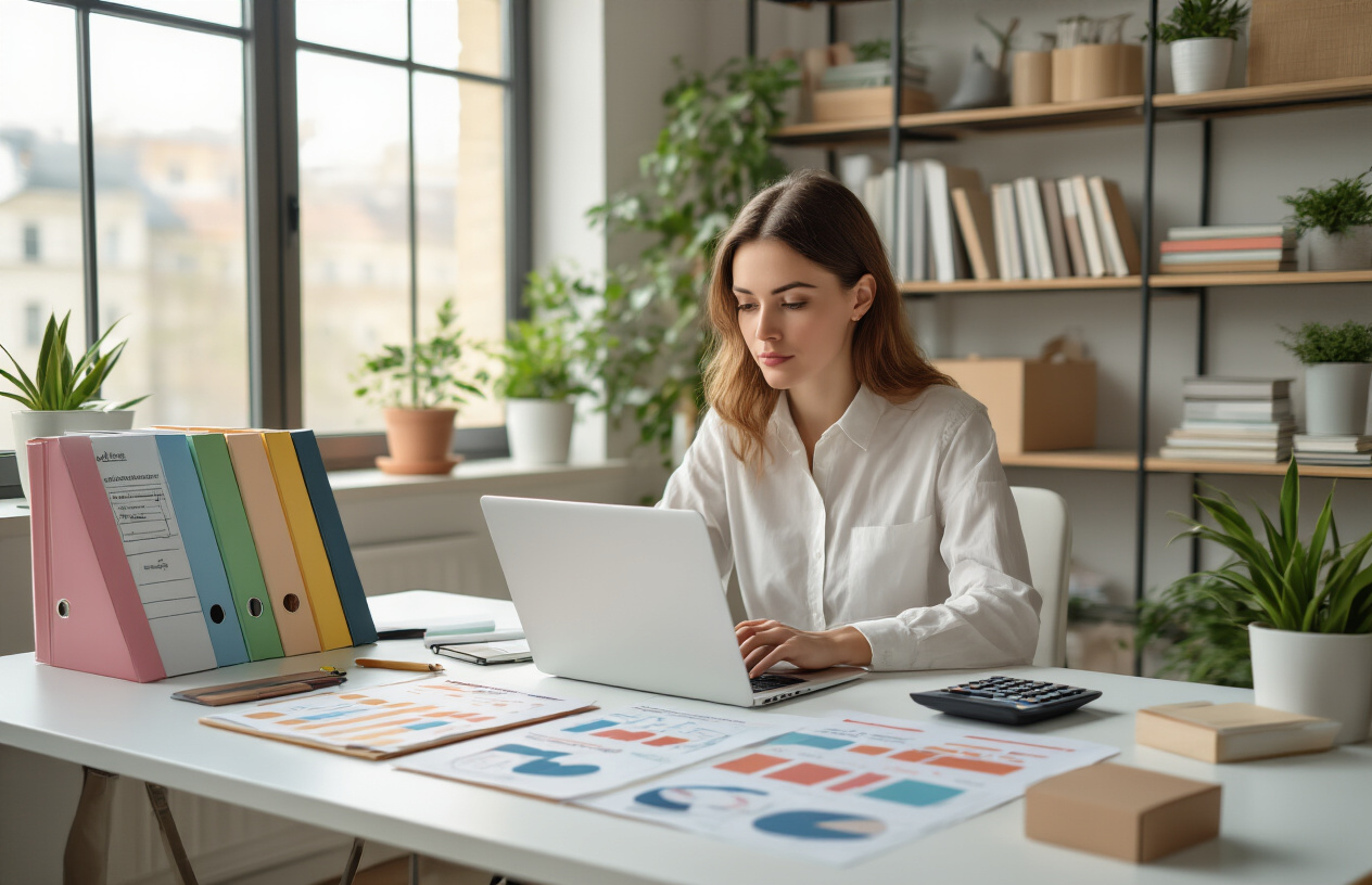 Create a realistic image of a modern workspace featuring a white female freelancer sitting at a clean desk with a laptop, surrounded by organized service packages represented by colorful folders and pricing charts spread across the desk, with a calculator, notepad with sketched service diagrams, and small product boxes arranged neatly, soft natural lighting from a nearby window creating a professional and focused atmosphere, minimalist office background with shelves containing business books and plants, warm and productive mood suggesting strategic business planning. Absolutely NO text should be in the scene.
