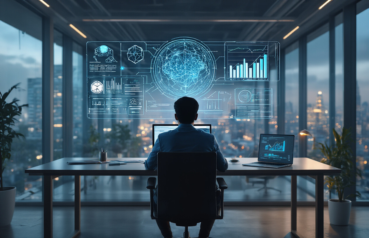 Create a realistic image of a modern Indian business office setting with a South Asian male entrepreneur in his 30s sitting at a sleek desk, working on a laptop displaying AI interface elements like neural network diagrams and data visualizations on the screen, with a futuristic holographic projection of business charts and graphs floating above the desk, surrounded by contemporary office furniture, large windows showing an urban Indian cityscape, warm natural lighting mixed with subtle blue digital glows from the technology, conveying innovation and forward-thinking business planning, absolutely NO text should be in the scene.