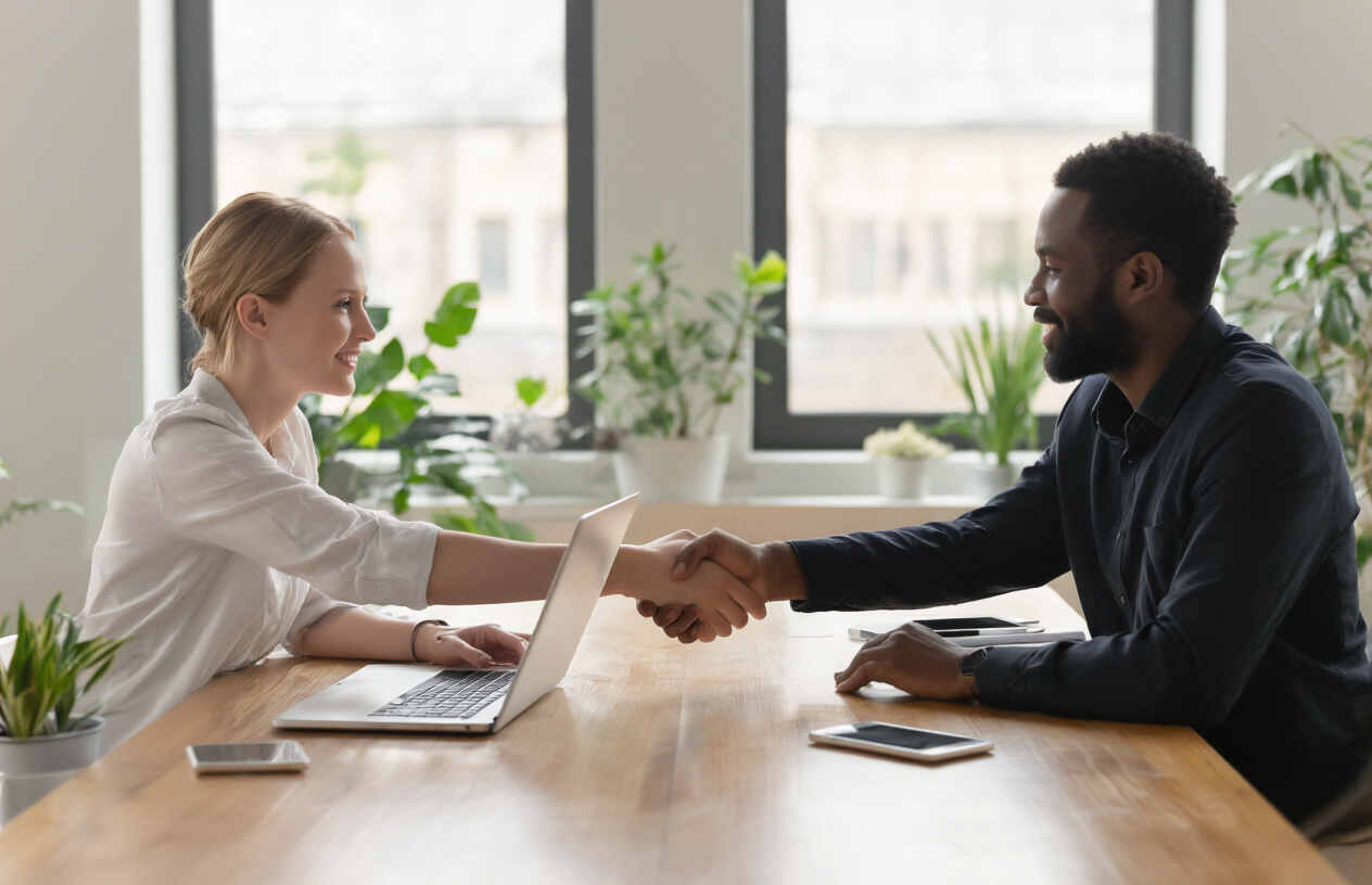 Create a realistic image of two diverse small business owners, a white female and a black male, shaking hands across a modern wooden table with laptops and smartphones visible, representing a strategic partnership meeting, with a bright, professional co-working space background featuring large windows with natural lighting, conveying collaboration and mutual success, absolutely NO text should be in the scene.