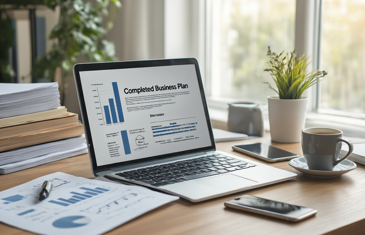 Create a realistic image of a modern Indian office workspace with a sleek laptop displaying a completed business plan document on screen, surrounded by organized papers, a smartphone, and a coffee cup on a clean wooden desk, with soft natural lighting coming through a window in the background, conveying a sense of accomplishment and professional success, absolutely NO text should be in the scene.