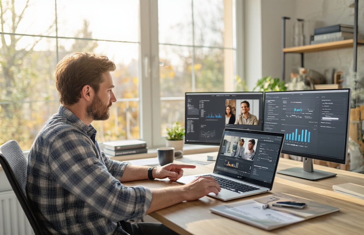 Create a realistic image of a professional white male freelancer in his 30s sitting at a modern desk in a bright home office, having a video call on his laptop with visible client faces on screen, while pointing to a client management dashboard displayed on a secondary monitor showing contract values and project timelines, with luxury brand logos subtly visible on printed materials nearby, warm natural lighting from a large window, organized workspace with high-end notebooks and a premium coffee cup, conveying success and professional client relationships, absolutely NO text should be in the scene.