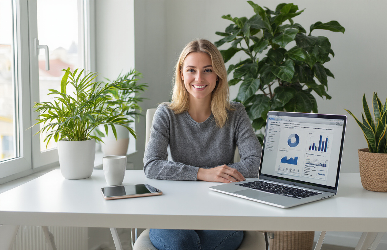 Create a realistic image of a modern small business office workspace featuring a white female entrepreneur sitting at a clean desk with a laptop displaying email marketing analytics and graphs on the screen, surrounded by complementary business elements including a smartphone, coffee cup, and potted plant, with a bright professional office background showing natural lighting from a window, conveying a focused and successful business atmosphere, absolutely NO text should be in the scene.