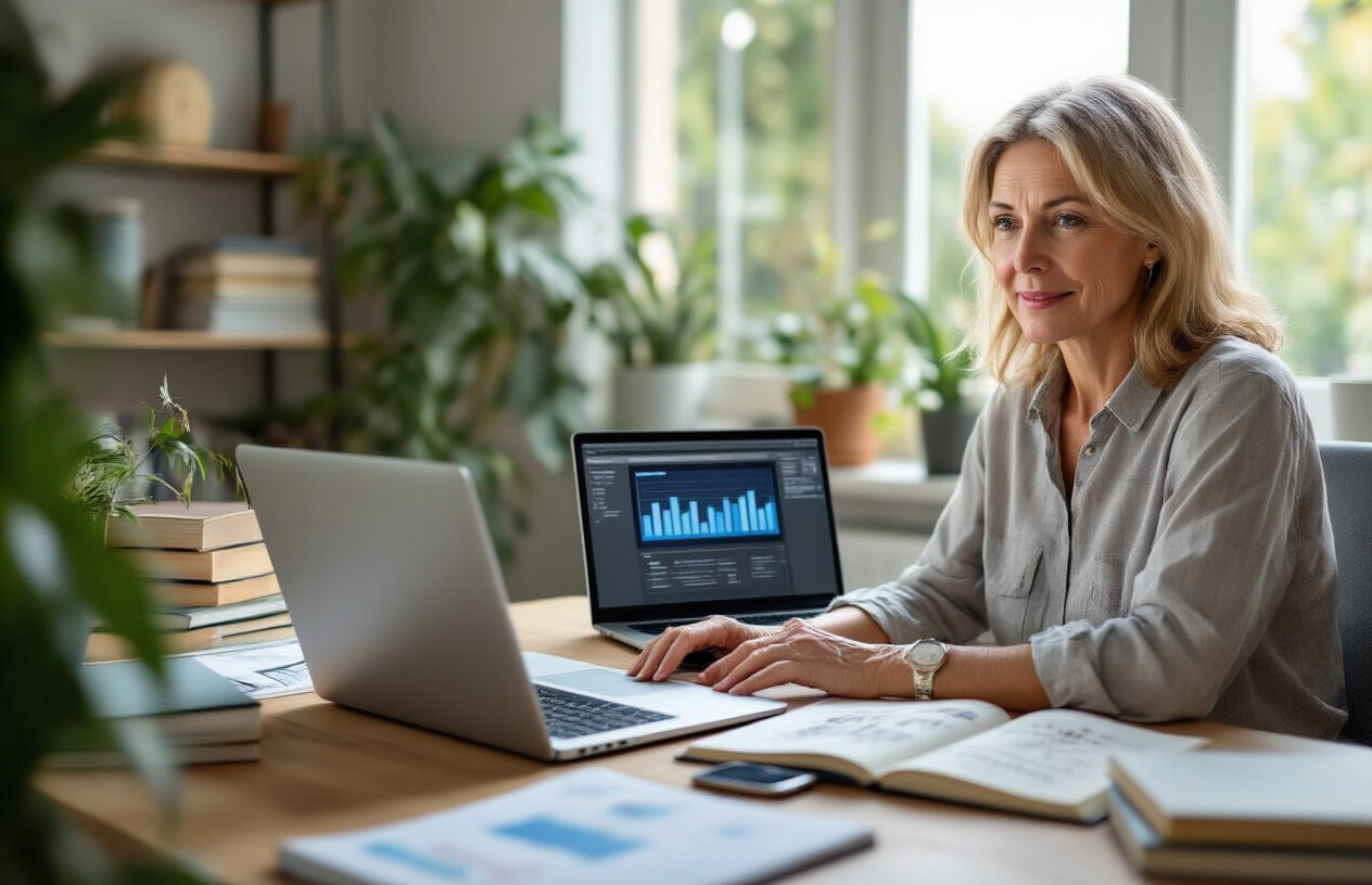 Create a realistic image of a small business owner, a middle-aged white female, sitting at a modern desk with a laptop open, creating educational content for social media marketing, surrounded by educational materials like books, notebooks with sketches, and a smartphone displaying social media analytics, with a bright, professional home office background featuring plants and natural lighting from a window, conveying a focused and authoritative atmosphere as she works on establishing her expertise through content creation, absolutely NO text should be in the scene.