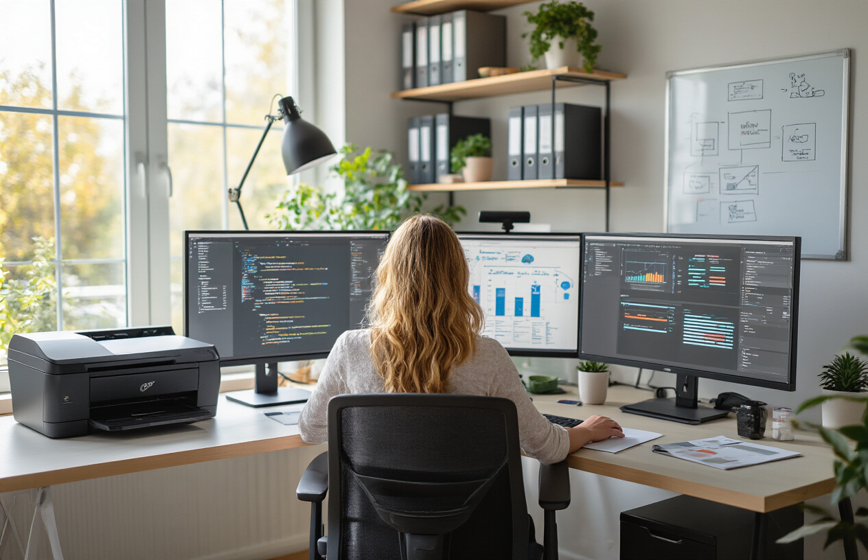 Create a realistic image of a white female freelancer working at a modern home office setup with multiple monitors displaying workflow automation tools, project management dashboards, and quality control checklists, surrounded by organized filing systems, a high-end printer, professional lighting equipment, and a whiteboard with process diagrams, all arranged in a clean, efficient workspace that conveys systematic growth and professional excellence, with warm natural lighting from a large window creating a productive and focused atmosphere, absolutely NO text should be in the scene.