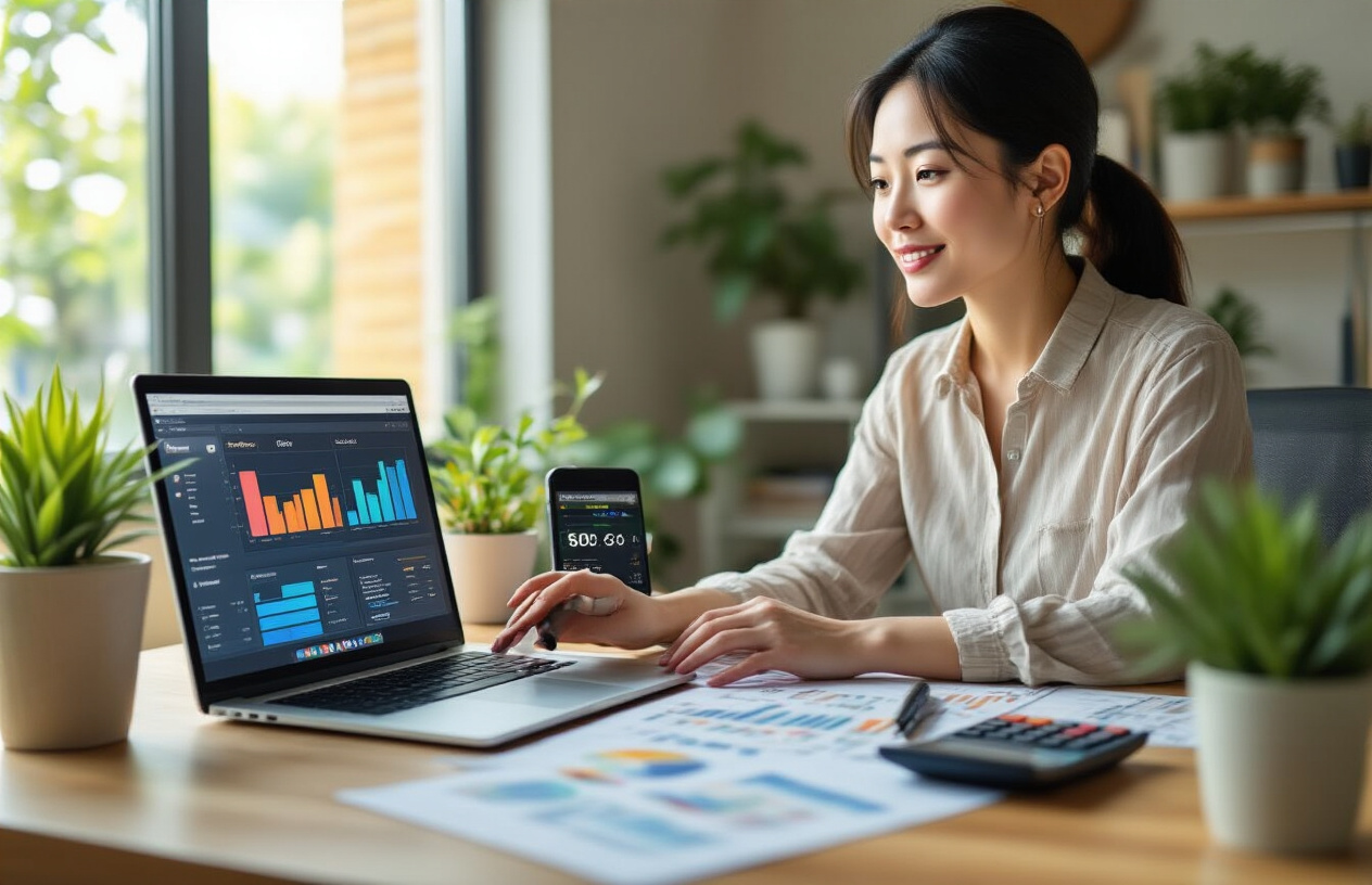 Create a realistic image of a small business owner, Asian female in her 30s, sitting at a modern desk with a laptop open showing colorful advertising dashboard analytics, surrounded by budget planning sheets, a calculator, smartphone displaying social media ads, and small potted plants, in a bright home office setting with natural lighting from a window, conveying focused concentration and strategic planning, with warm professional atmosphere. Absolutely NO text should be in the scene.