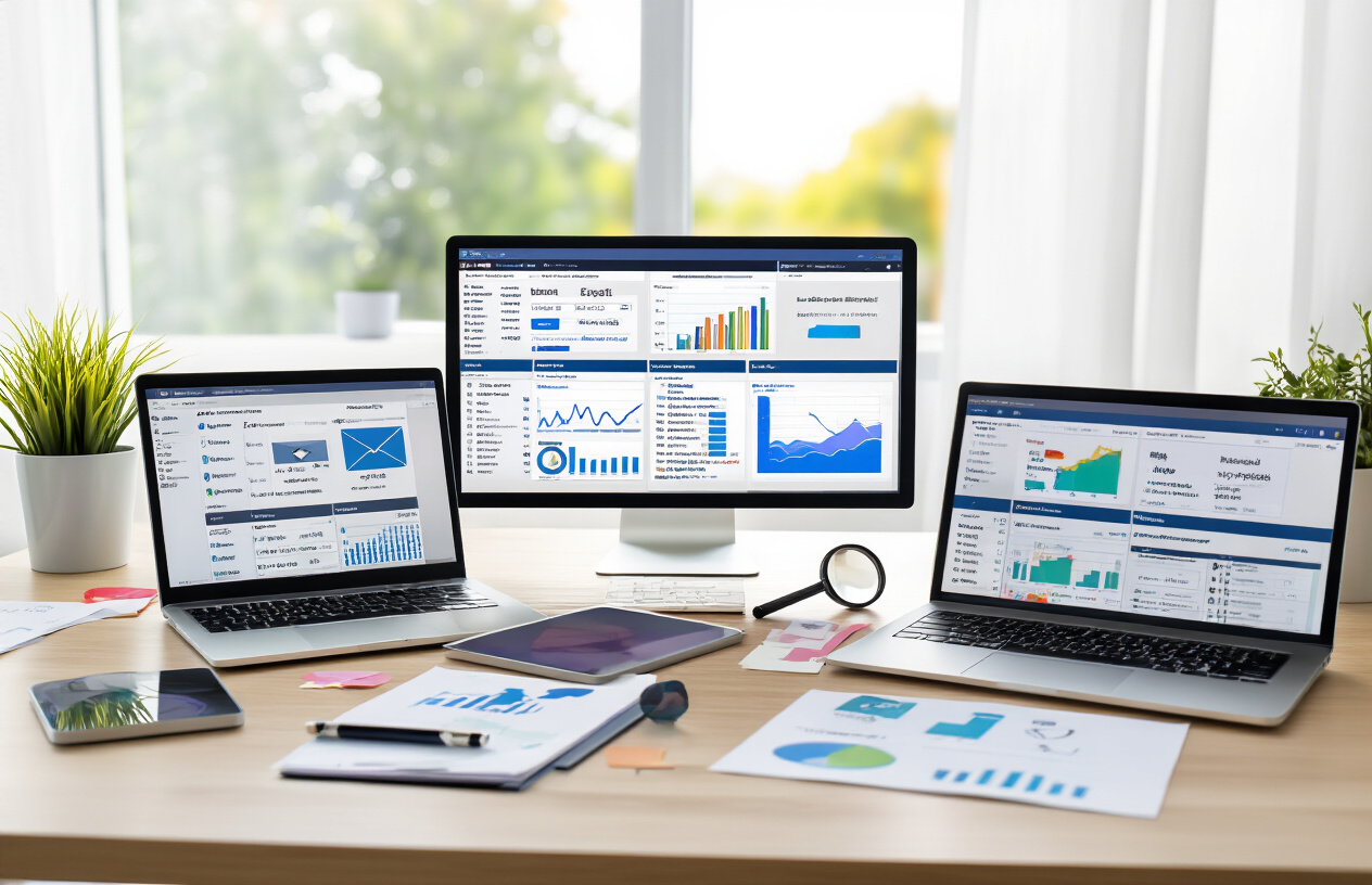 Create a realistic image of a modern desk setup showing multiple laptop and tablet screens displaying different email marketing platform interfaces with colorful dashboards, analytics charts, and email templates visible, surrounded by comparison notes, a magnifying glass, and a small potted plant, set against a clean office background with soft natural lighting from a window, conveying a professional decision-making atmosphere. Absolutely NO text should be in the scene.