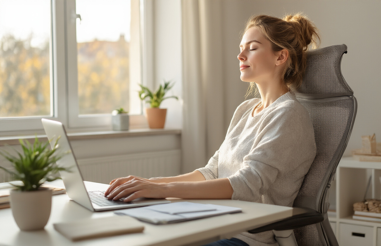Create a realistic image of a peaceful home office workspace showing a white female freelancer taking a mindful break from work, sitting back in an ergonomic chair with eyes closed and hands behind head in a relaxed pose, modern desk with laptop, organized stationery, a small potted plant, warm natural lighting from a nearby window, clean minimalist background with soft neutral colors, conveying balance between productivity and wellbeing, absolutely NO text should be in the scene.