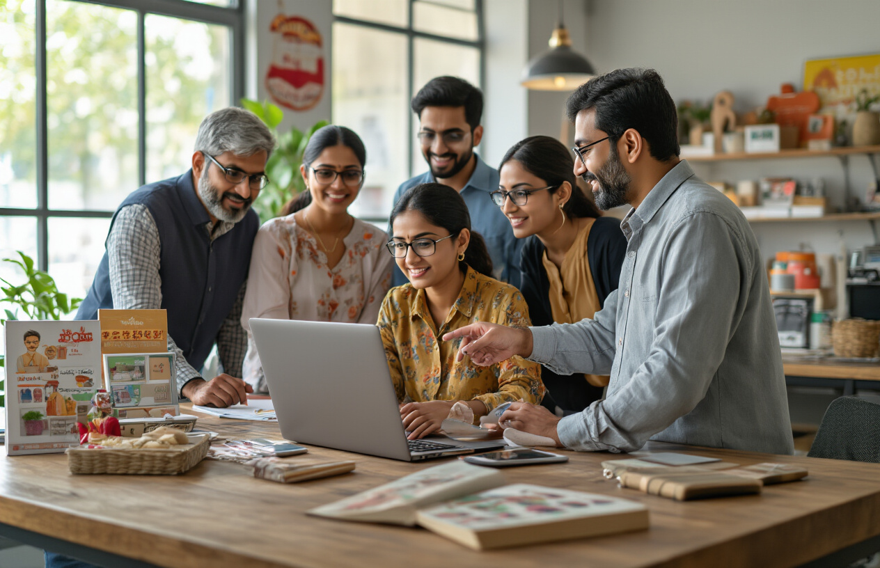Create a realistic image of a diverse group of Indian small business owners (mix of male and female, South Asian ethnicity) gathered around a laptop computer in a modern, well-lit office space, with one person pointing at the laptop screen while others look on attentively, surrounded by small business elements like product displays, local shop signage, and mobile phones on a wooden desk, with warm natural lighting coming through windows and a professional yet approachable atmosphere suggesting learning and collaboration, absolutely NO text should be in the scene.