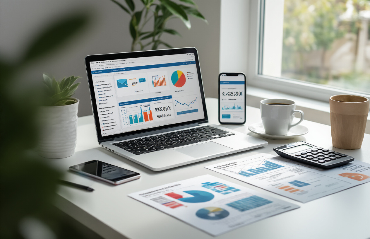 Create a realistic image of a modern office desk setup showing multiple email campaign elements including a laptop displaying colorful email templates with revenue graphs, smartphone showing email notifications, printed analytics reports with upward trending charts, calculator, coffee cup, and scattered marketing materials, all arranged on a clean white desk with natural lighting from a nearby window, professional business atmosphere with soft shadows, absolutely NO text should be in the scene.