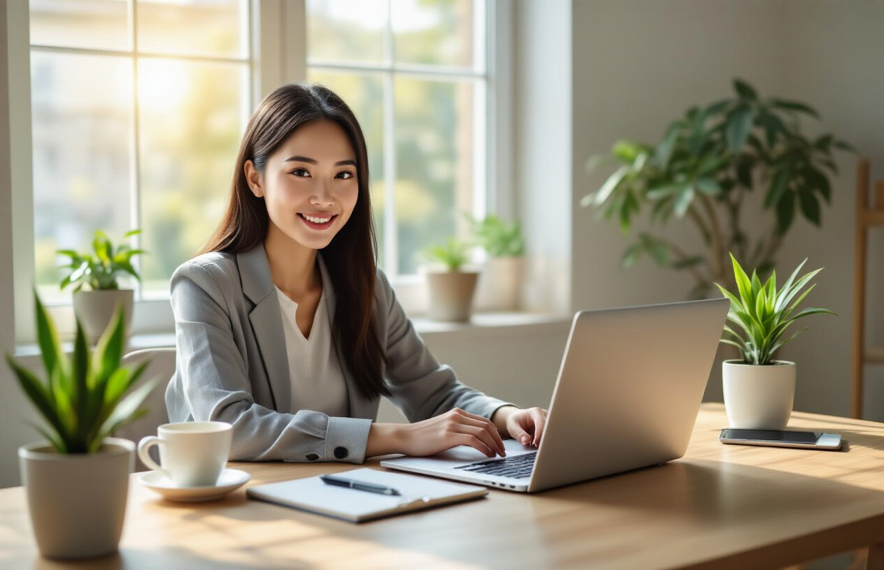 Create a realistic image of a confident Asian female entrepreneur sitting at a modern home office desk with a laptop open, surrounded by subtle visual elements representing business success including a small potted plant, coffee cup, smartphone, and notebook with pen, natural daylight streaming through a nearby window creating warm lighting, clean minimalist workspace with neutral colors, the person appears focused and accomplished with a slight smile suggesting satisfaction and forward momentum, absolutely NO text should be in the scene.