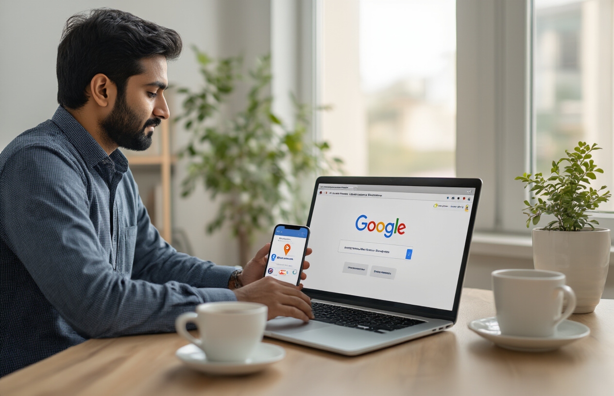 Create a realistic image of an Indian male business owner sitting at a modern desk with a laptop computer displaying the Google Business Profile interface, smartphone beside the laptop showing location pins, small potted plant and coffee cup on desk, clean office environment with soft natural lighting from a window, professional and focused atmosphere with warm tones, absolutely NO text should be in the scene.