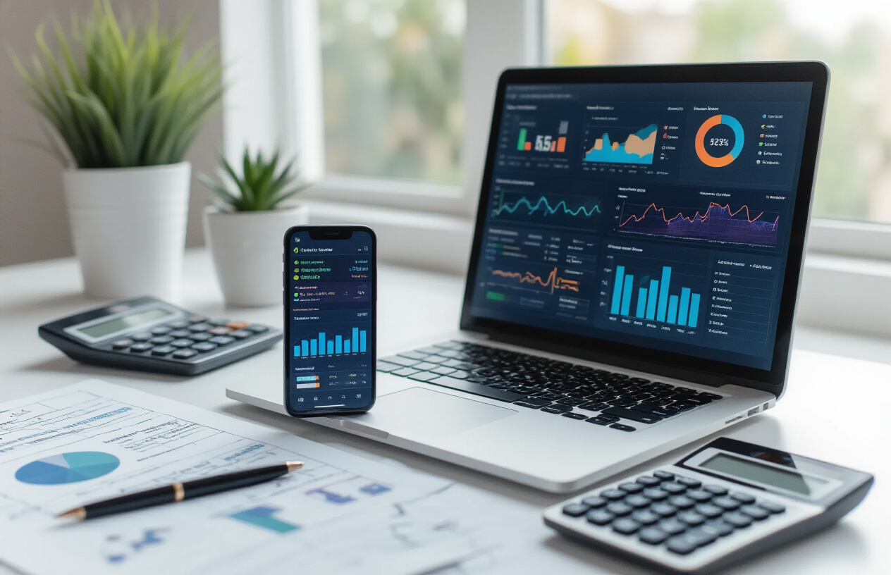 Create a realistic image of a close-up view of a laptop screen displaying colorful analytics dashboard with graphs, charts, and performance metrics, surrounded by a smartphone showing social media app interfaces, a calculator, and scattered papers with handwritten notes, all arranged on a clean white desk surface with soft natural lighting from a nearby window, representing data analysis and performance optimization for small business social media marketing, absolutely NO text should be in the scene.