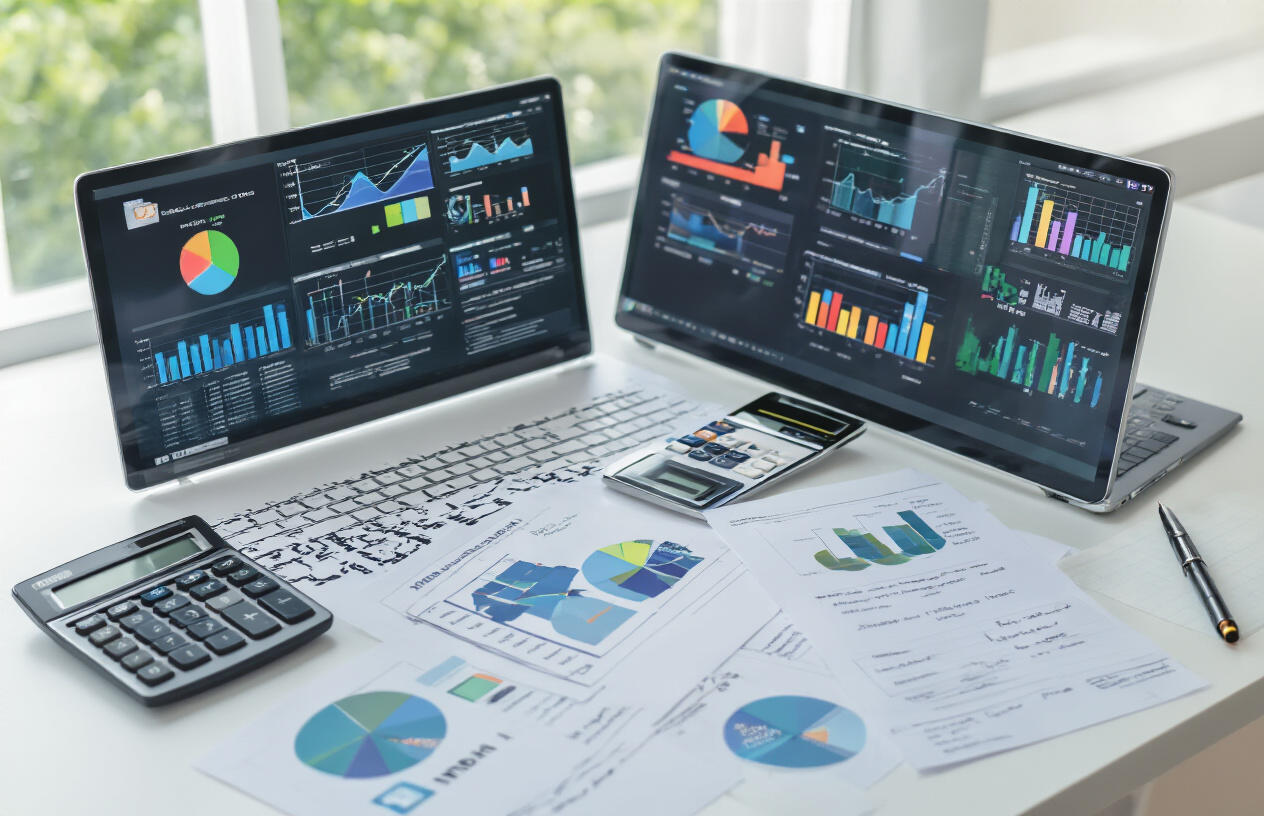 Create a realistic image of a modern office desk with a laptop computer displaying colorful analytics charts and graphs on the screen, surrounded by printed email campaign performance reports with pie charts and bar graphs, a smartphone showing email metrics, a calculator, and a notepad with handwritten notes, all arranged on a clean white desk surface with soft natural lighting from a window, conveying a professional atmosphere of data analysis and strategic planning, absolutely NO text should be in the scene.