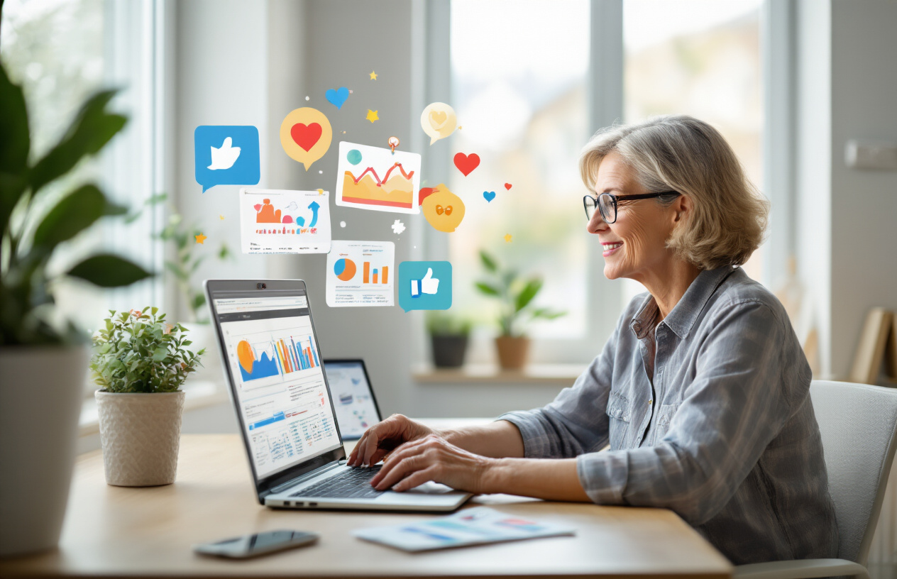 Create a realistic image of a small business owner, a middle-aged white female, sitting at a modern desk with a laptop open, smartphone nearby, and a small potted plant, looking satisfied while reviewing colorful social media analytics charts and graphs displayed on her laptop screen, surrounded by a bright, organized home office space with natural lighting from a window, conveying a sense of accomplishment and success in achieving social media marketing goals on a budget, with subtle social media platform icons like hearts and thumbs up floating gently in the background air around her workspace, absolutely NO text should be in the scene.