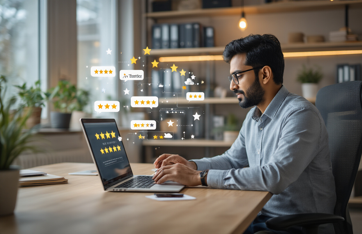 Create a realistic image of an Indian male business owner sitting at a modern desk in a small office, looking at a laptop screen showing customer review icons and star ratings floating above the device, with a smartphone displaying review notifications nearby, warm office lighting creating a professional atmosphere, shelves with business files in the background, the person appearing focused and engaged with digital review management, absolutely NO text should be in the scene.