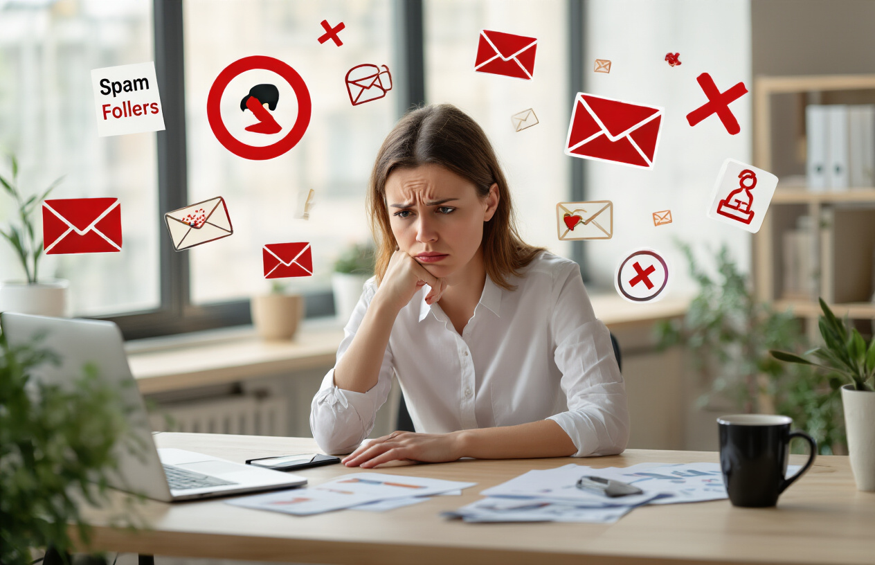 Create a realistic image of a frustrated white female small business owner sitting at a modern desk, looking at her laptop screen with a concerned expression while surrounded by warning symbols and red X marks floating above common email marketing mistakes like spam folders, unsubscribe buttons, and broken email icons, set in a contemporary office environment with soft natural lighting from a window, warm professional atmosphere with scattered papers and a coffee mug on the desk, absolutely NO text should be in the scene.