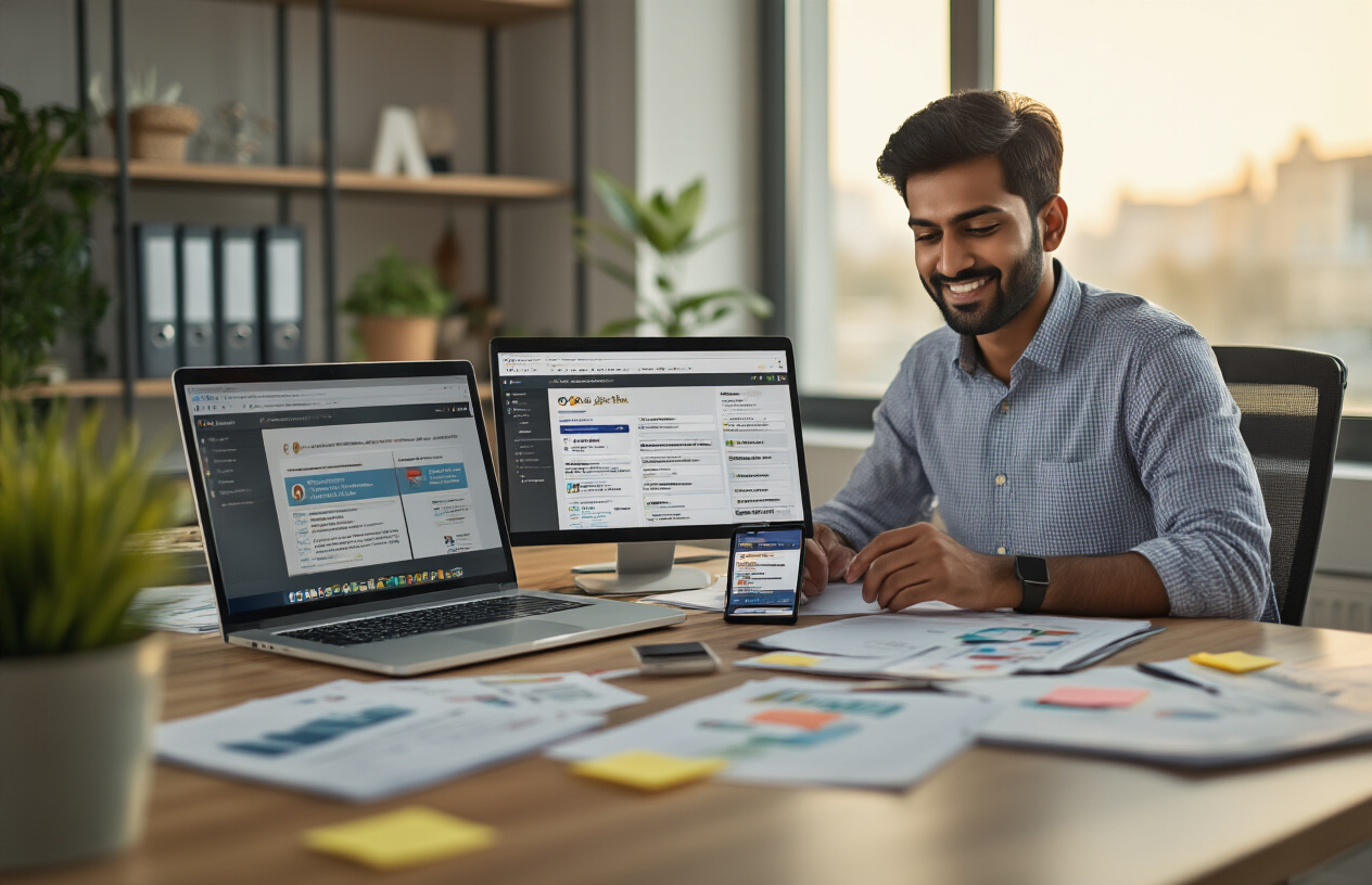 Create a realistic image of an Indian male business owner sitting at a modern office desk with a laptop computer open, showing multiple browser tabs of Indian business directories, surrounded by organized paperwork and sticky notes on the desk, with a smartphone displaying a business listing nearby, in a well-lit contemporary office environment with warm natural lighting from a window, conveying a focused and professional atmosphere of digital business management, absolutely NO text should be in the scene.