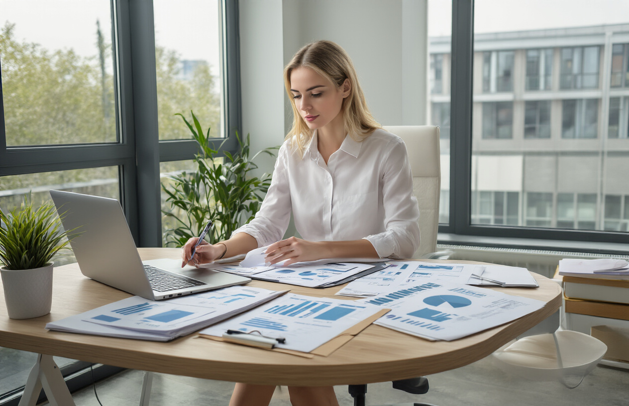 Create a realistic image of a white female business owner sitting at a modern office desk with an open laptop, surrounded by organized documents, charts, and planning materials spread across the workspace, holding a pen while reviewing a job description template, with a clean contemporary office background featuring natural lighting from large windows, conveying a focused and strategic planning atmosphere, absolutely NO text should be in the scene.