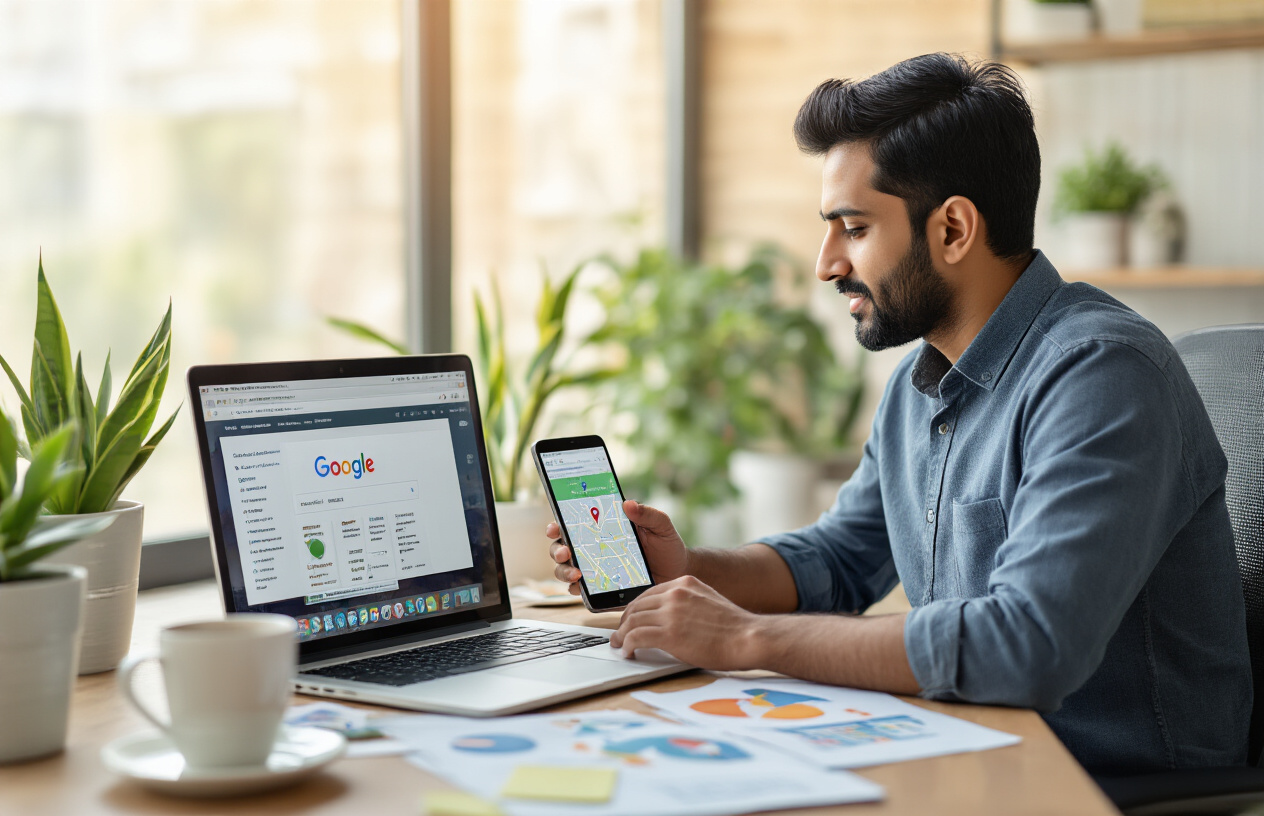 Create a realistic image of an Indian male business owner in his 30s sitting at a modern desk with a laptop open, actively working on website optimization, with multiple browser tabs visible on the screen showing local search results and business listings, a smartphone displaying Google Maps with local business pins nearby, scattered papers with SEO notes and local keywords, a coffee cup, and potted plants in a contemporary office setting with warm natural lighting from a window, creating a focused and productive atmosphere. Absolutely NO text should be in the scene.