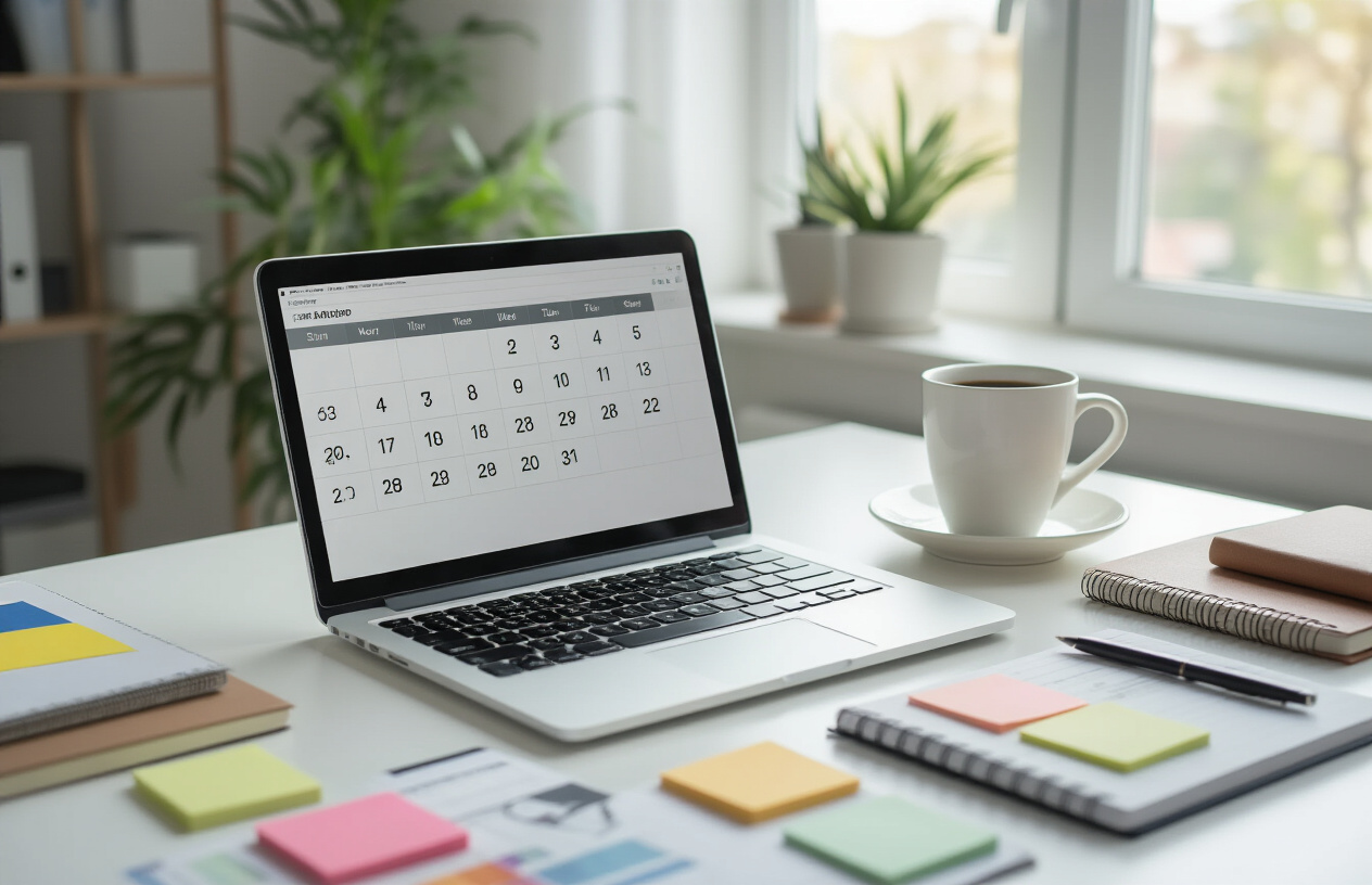 Create a realistic image of a clean, modern workspace with a laptop computer displaying a calendar interface showing a 30-day timeline, surrounded by planning materials like notebooks, colorful sticky notes, and a coffee cup on a white desk, with soft natural lighting from a nearby window creating a productive and organized atmosphere, shot from a slightly elevated angle to show the full workspace layout, with a minimalist background featuring subtle office elements, conveying focus and strategic planning energy, absolutely NO text should be in the scene.
