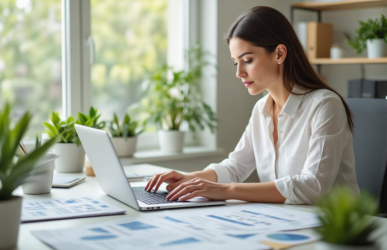 Create a realistic image of a white female business owner sitting at a modern desk with an open laptop, focused on typing a job description, with a diverse group of professional candidate resumes and portfolios spread across the desk, bright natural lighting from a window, clean office environment with plants and motivational elements in the background, conveying productivity and careful consideration in the hiring process, absolutely NO text should be in the scene.