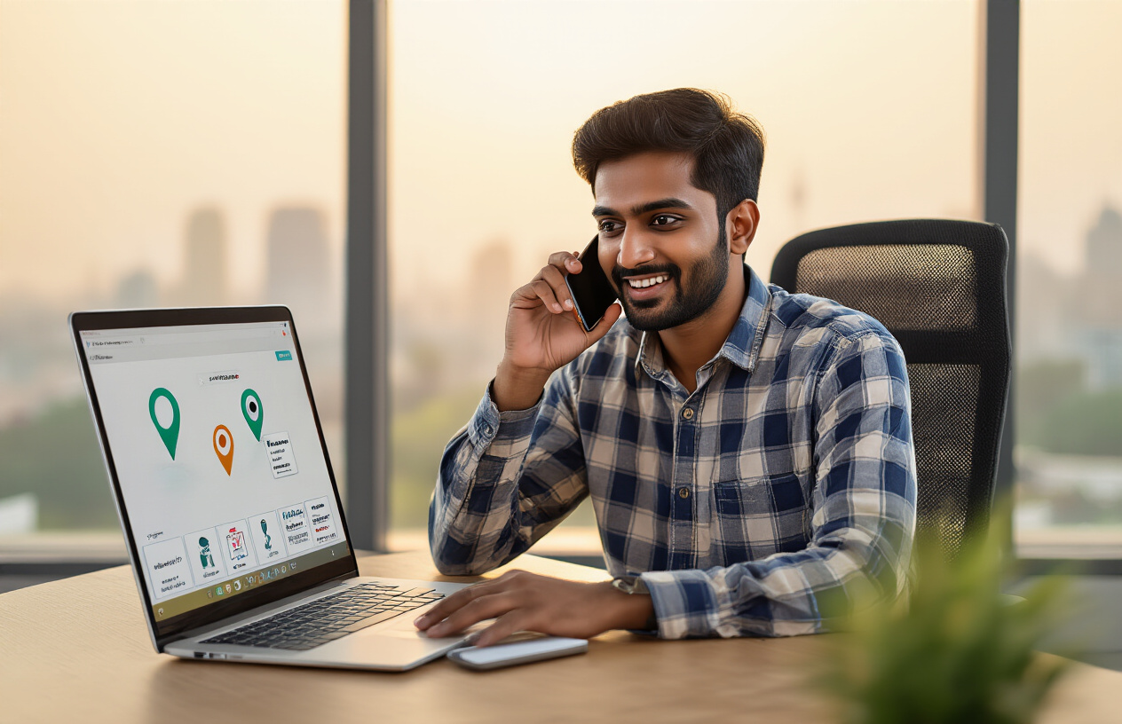 Create a realistic image of an Indian male small business owner in his 30s sitting at a modern desk in a contemporary office, speaking into his smartphone while looking at a laptop screen displaying location pin icons and mobile search interface elements, with a subtle Indian cityscape visible through a window in the background, warm natural lighting creating a professional atmosphere, absolutely NO text should be in the scene.