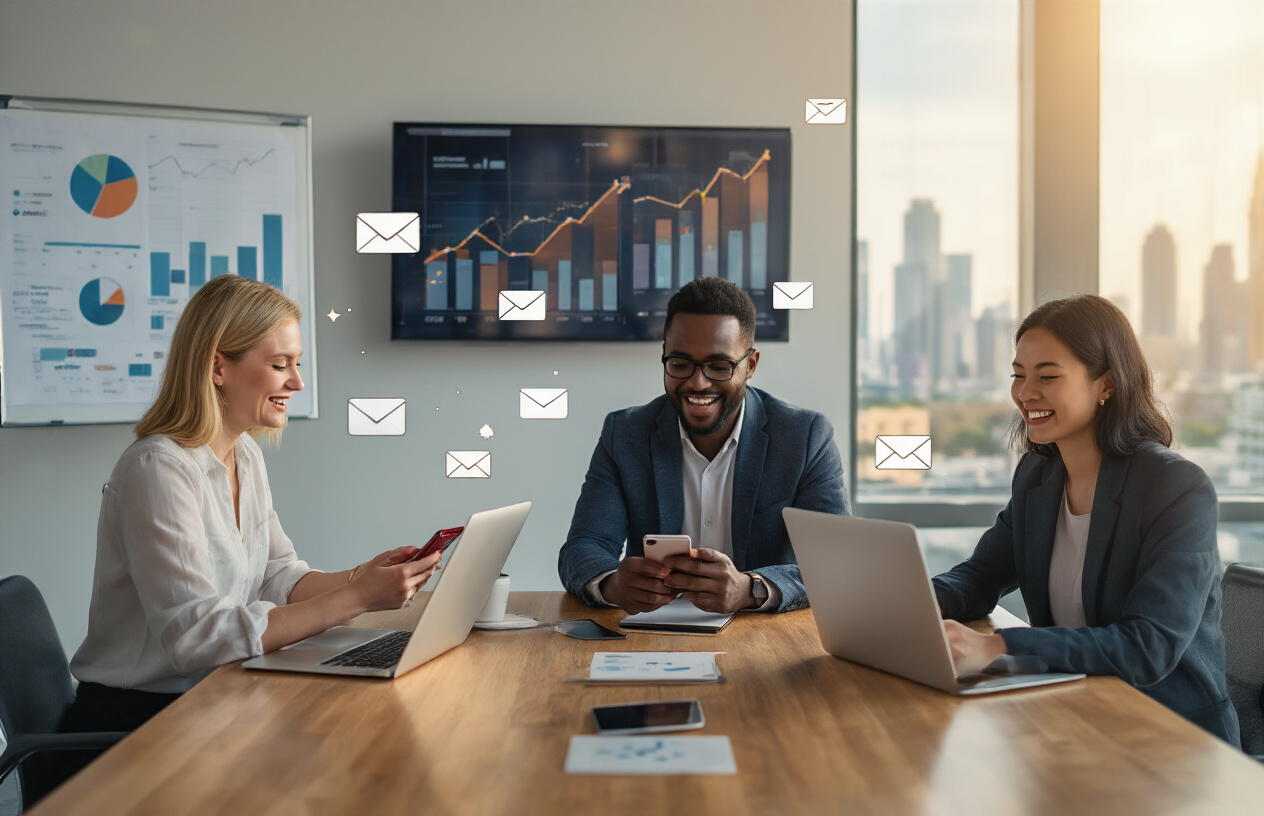 Create a realistic image of a diverse group of small business owners celebrating success around a modern conference table, featuring a white female entrepreneur, a black male business owner, and an Asian female startup founder, all looking at their smartphones and laptops with expressions of joy and accomplishment, with subtle email notification icons floating above their devices, set in a bright contemporary office space with large windows showing city skyline, warm natural lighting creating an optimistic and triumphant atmosphere, with charts and graphs visible on a wall-mounted screen in the background showing upward growth trends, absolutely NO text should be in the scene.