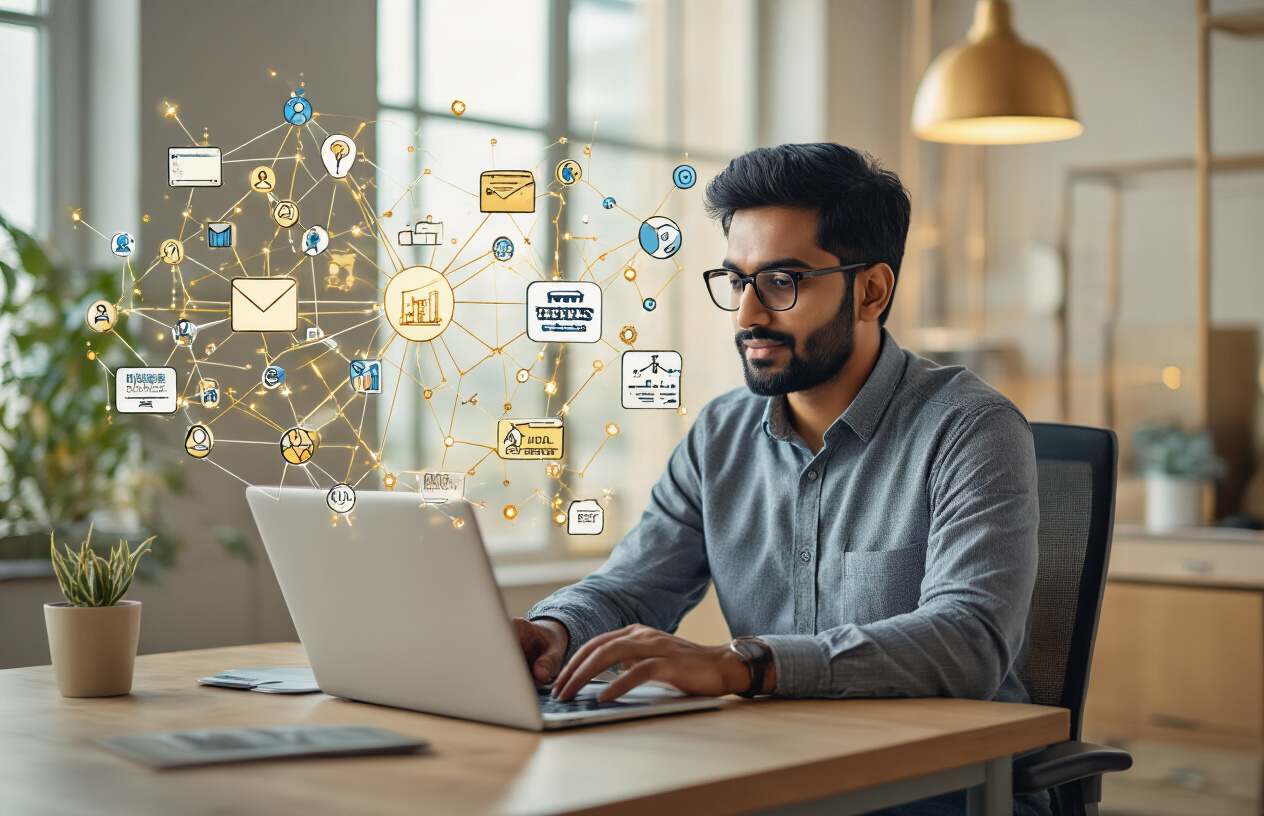 Create a realistic image of an Indian male entrepreneur in his 30s sitting at a modern office desk with a laptop open, surrounded by interconnected digital network icons floating in the air representing citations and backlinks, with golden connecting lines linking various business directory icons, review site symbols, and local business listings, set in a contemporary Indian office space with warm natural lighting from a window, conveying growth and digital connectivity. Absolutely NO text should be in the scene.