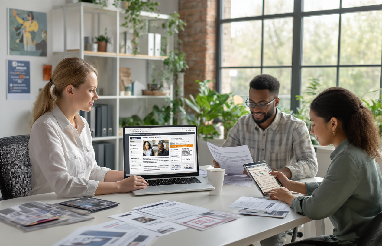 Create a realistic image of a diverse small business office environment showing multiple recruitment channels in action, featuring a white female business owner at a modern desk with a laptop displaying job posting websites, a black male colleague reviewing printed resumes, and a Hispanic female team member conducting a video interview on a tablet, with recruitment materials like business cards from staffing agencies and referral program flyers scattered on the desk, bright natural lighting from large windows, professional yet welcoming atmosphere with plants and motivational artwork on walls, absolutely NO text should be in the scene.