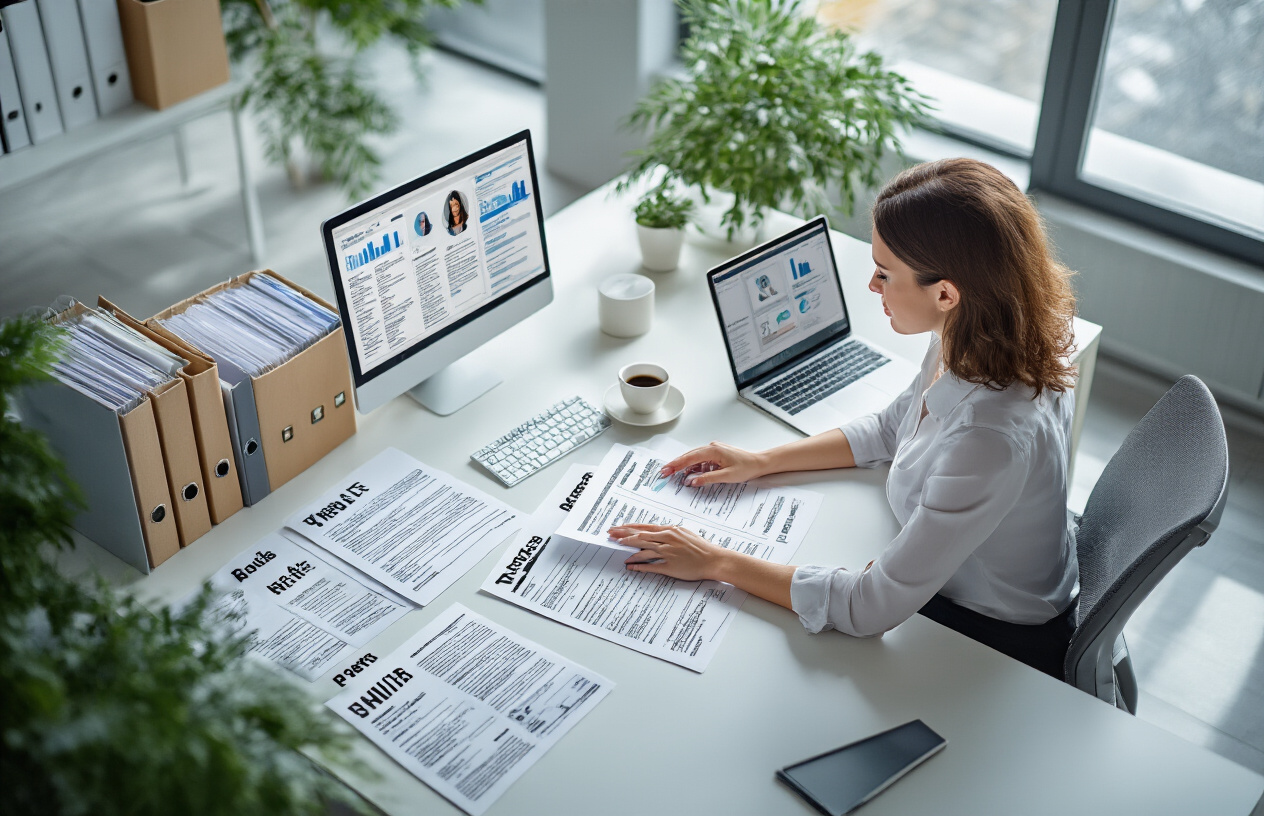 Create a realistic image of a white female HR manager sitting at a modern office desk reviewing candidate resumes spread across the surface, with a laptop computer open showing a digital applicant tracking interface, organized file folders labeled with hiring stages, a tablet displaying candidate profiles, and a coffee cup nearby, set in a bright contemporary office environment with natural lighting from large windows, conveying efficiency and organization in the hiring process, absolutely NO text should be in the scene.