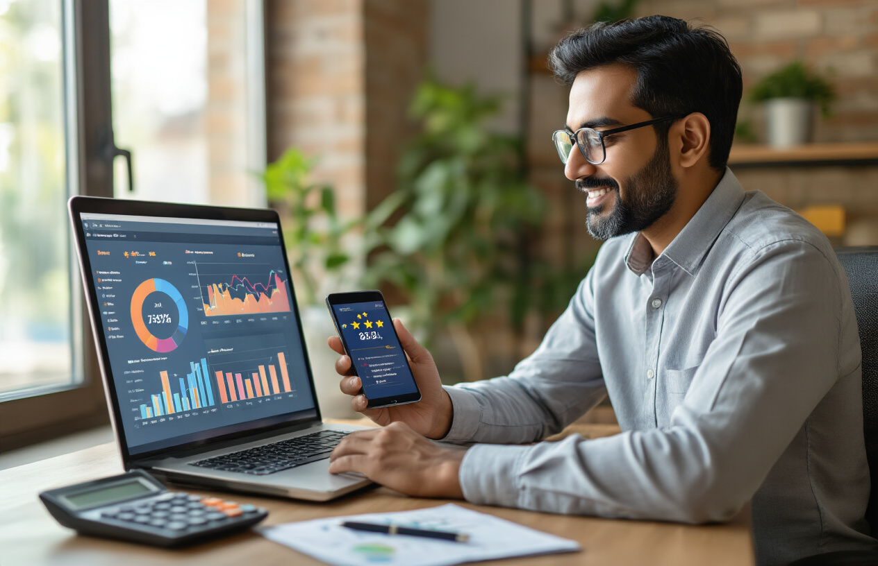 Create a realistic image of an Indian male business owner in his 30s sitting at a modern office desk with a laptop displaying colorful analytics charts and graphs on the screen, smartphone showing location pins and star ratings beside him, calculator and notepad with handwritten notes nearby, warm natural lighting from a window, professional yet approachable atmosphere in a small office setting with plants in the background, absolutely NO text should be in the scene.