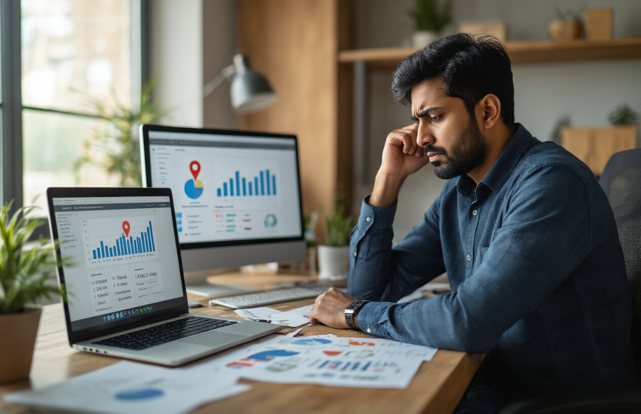 Create a realistic image of an Indian male business owner looking frustrated while sitting at his desk with a laptop showing website analytics, surrounded by common local SEO mistake indicators like incorrect business location pins on a map, inconsistent business information scattered on papers, and outdated business listings on his computer screen, set in a modern small office environment with warm natural lighting from a window, conveying a mood of concern and realization about digital marketing errors, absolutely NO text should be in the scene.