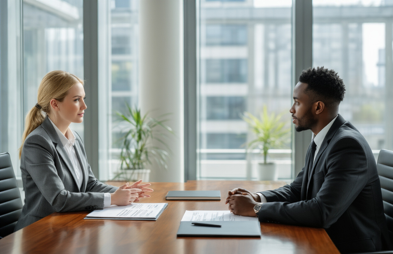 Create a realistic image of a professional job interview taking place in a modern office conference room, featuring a white female interviewer in business attire sitting across from a black male job candidate also dressed professionally, both seated at a polished wooden table with resumes and notebooks visible, large windows with natural daylight creating bright professional lighting, contemporary office furniture and decor in the background, both individuals engaged in conversation with confident and focused expressions, clean and organized workspace atmosphere. Absolutely NO text should be in the scene.