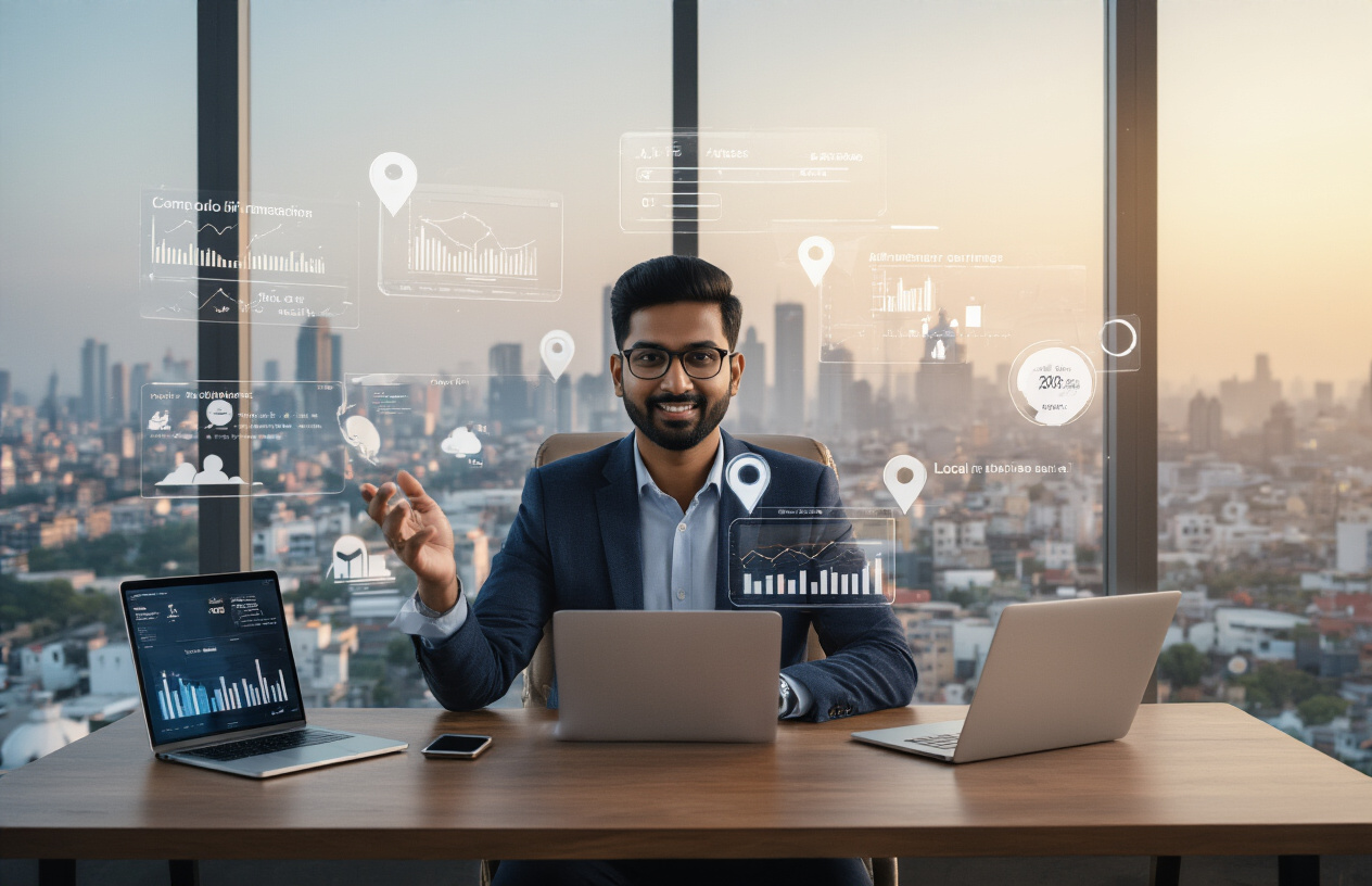 Create a realistic image of an Indian male business owner in his 30s sitting at a modern desk with a laptop, smartphone, and tablet displaying analytics dashboards and location pins, surrounded by floating holographic elements showing search rankings, competitor analysis charts, and local business listings, with a bustling Indian cityscape visible through large windows in the background, professional office lighting with warm tones creating a focused and strategic atmosphere, absolutely NO text should be in the scene.