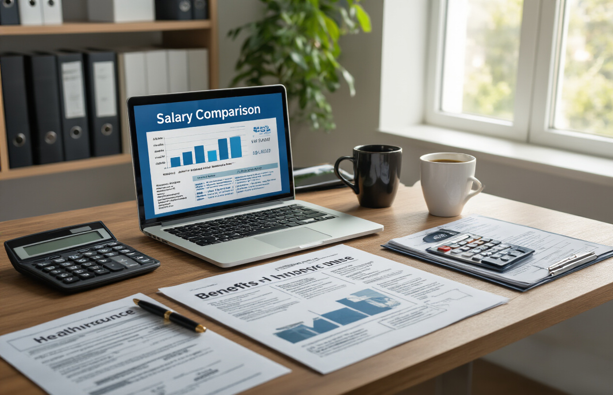 Create a realistic image of a modern office desk with a laptop displaying a salary comparison chart, surrounded by benefits documentation including health insurance forms, retirement plan brochures, and vacation policy papers, with a calculator, pen, and coffee cup nearby, set in a bright professional office environment with natural lighting from a window, conveying a strategic and organized atmosphere for compensation planning, absolutely NO text should be in the scene.