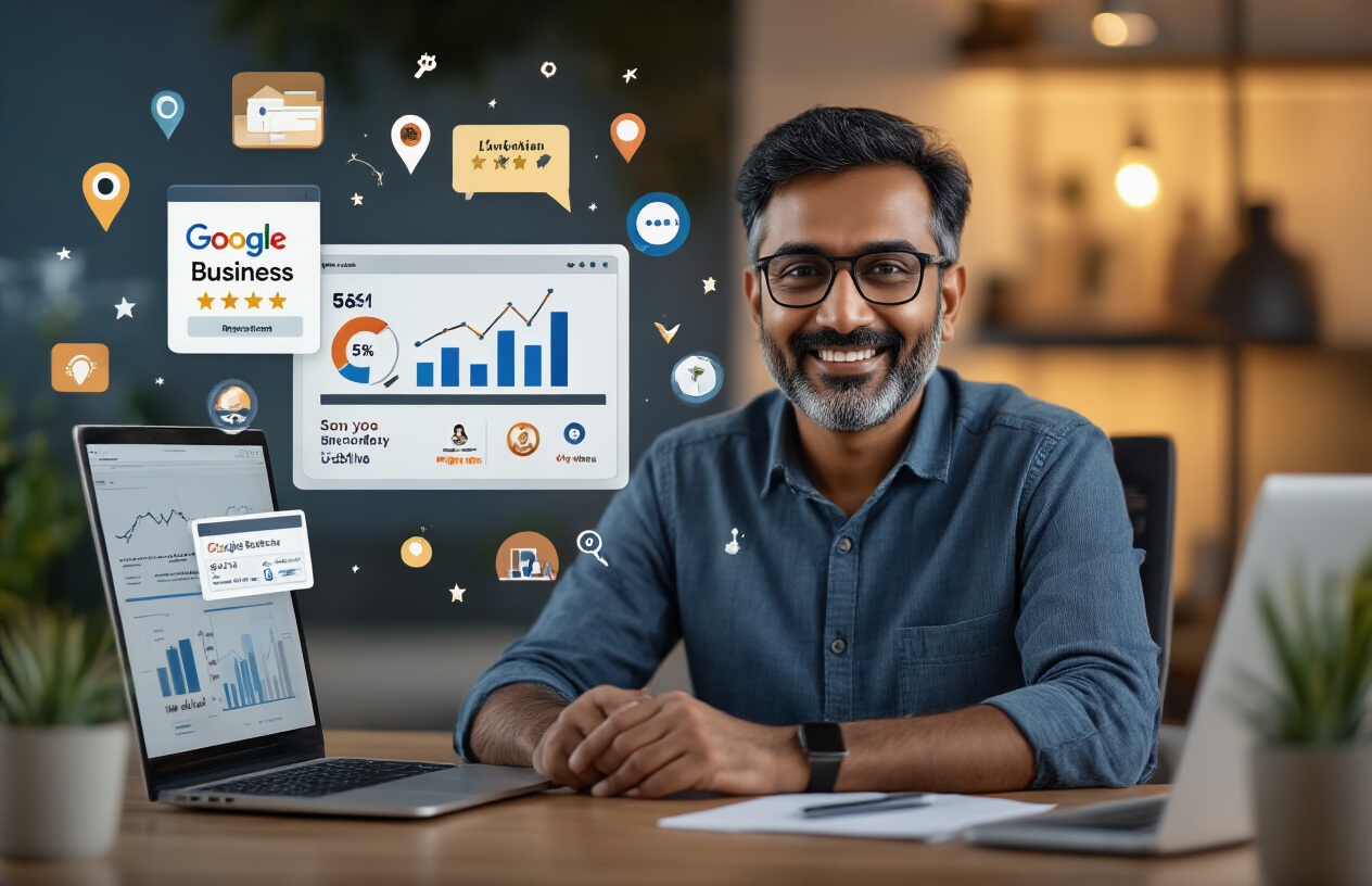 Create a realistic image of a successful Indian small business owner, a middle-aged South Asian male, sitting at a modern desk with a laptop displaying analytics graphs and charts, surrounded by visual elements representing local SEO success including a smartphone showing a Google Business Profile with 5-star reviews, small icons of location pins and search symbols floating subtly in the background, warm office lighting creating a professional and accomplished atmosphere, with the business owner smiling confidently while reviewing positive performance metrics on his screen, absolutely NO text should be in the scene.